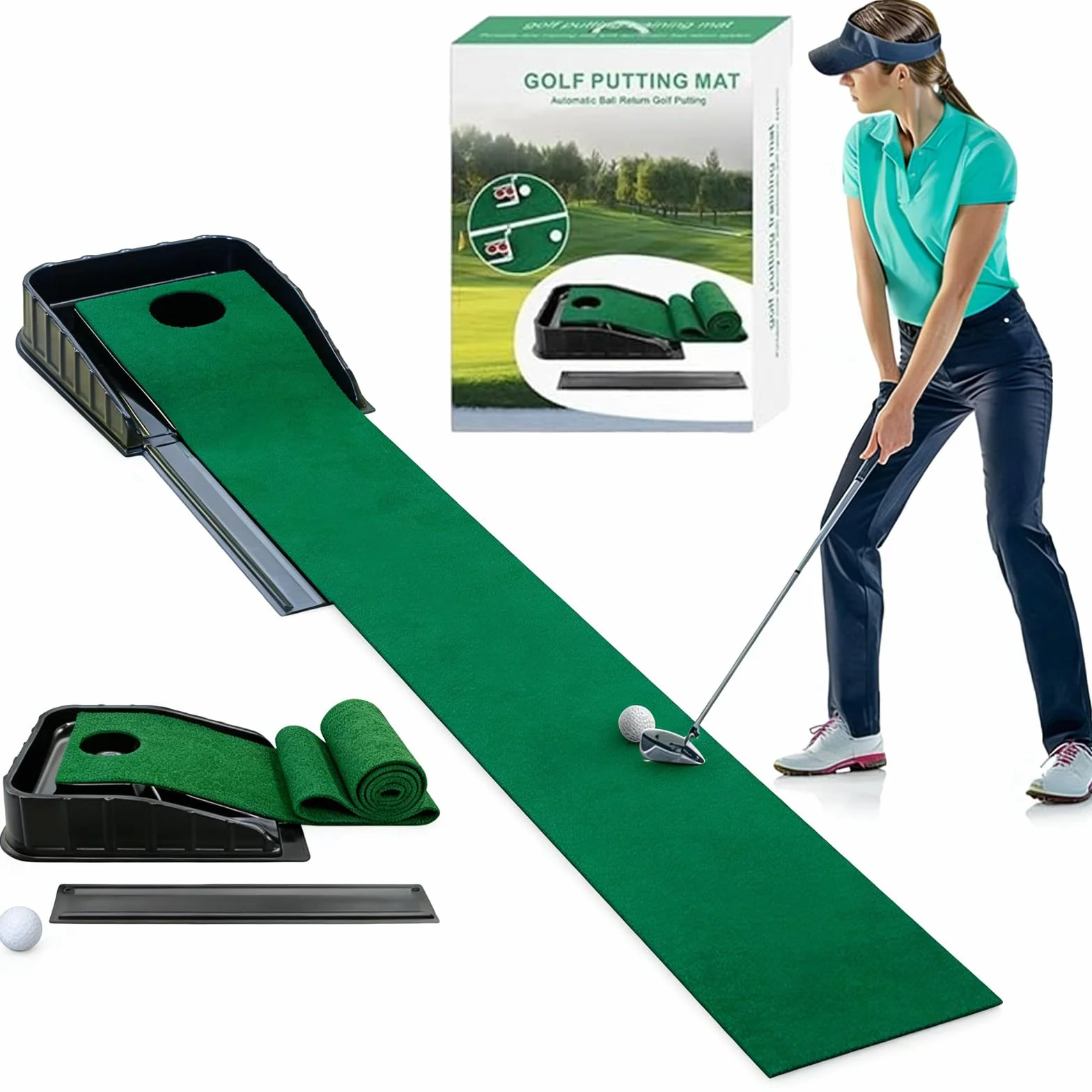 Tappetino da golf con ritorno automatico della palla, 221 cm, portatile, per allenamento di golf, per casa, ufficio, giardino