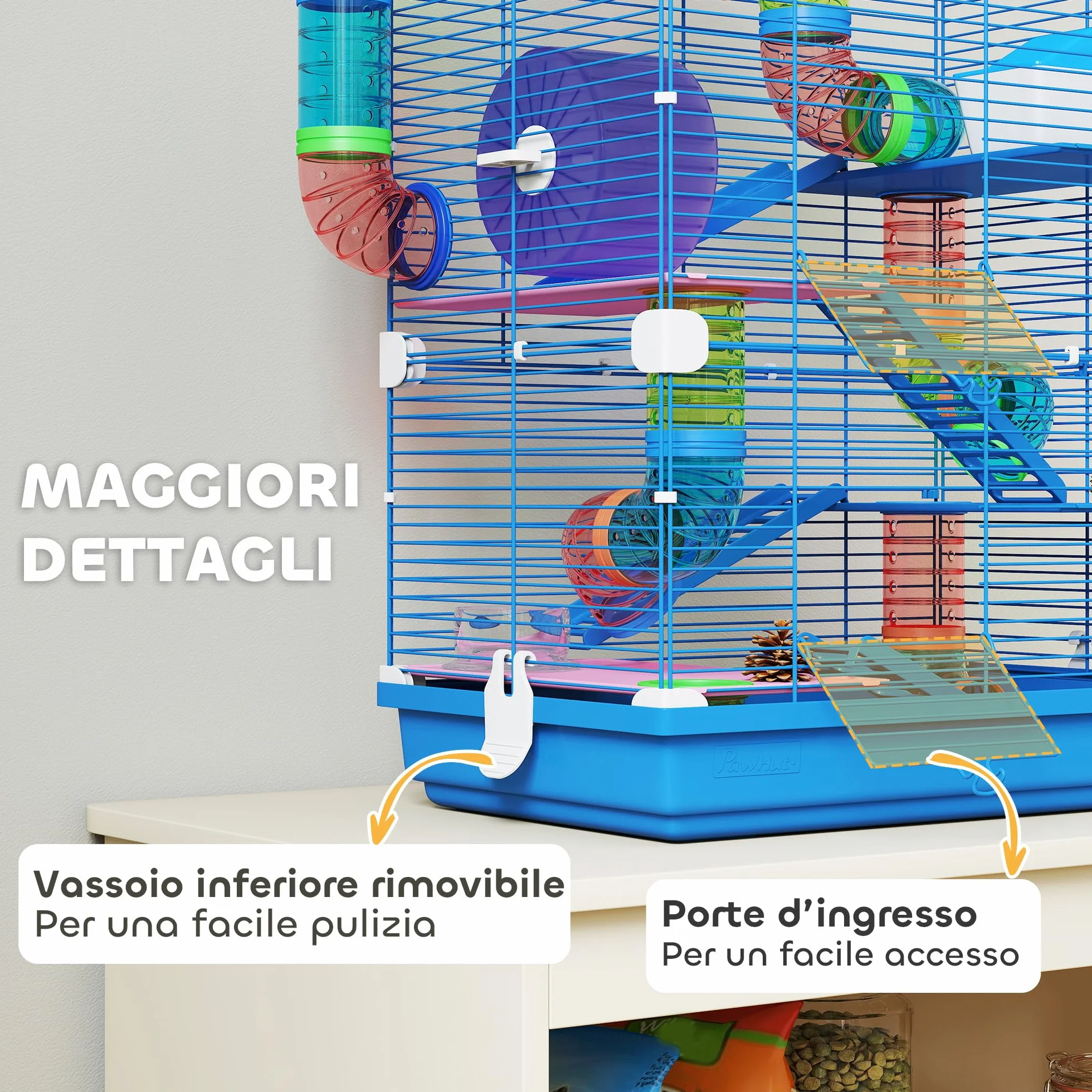 PawHut Gabbia per Criceti a 5 Livelli con Tubi, Ruota, Casetta, Scale e Bottiglia, Gabbietta per Roditori in Metallo e Plastica, 46x30x58 cm, Blu Scuro