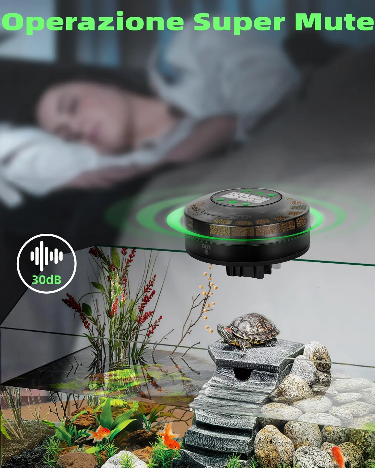 Papettly Mangiatoia Automatica Acquario - Distributore Automatico Cibo Pesci per Acquario per Rossi e Tartarughe con Cavo USB e Display LCD, Mangiatoia Pesci con Timer e Cucchiaio per Pesci