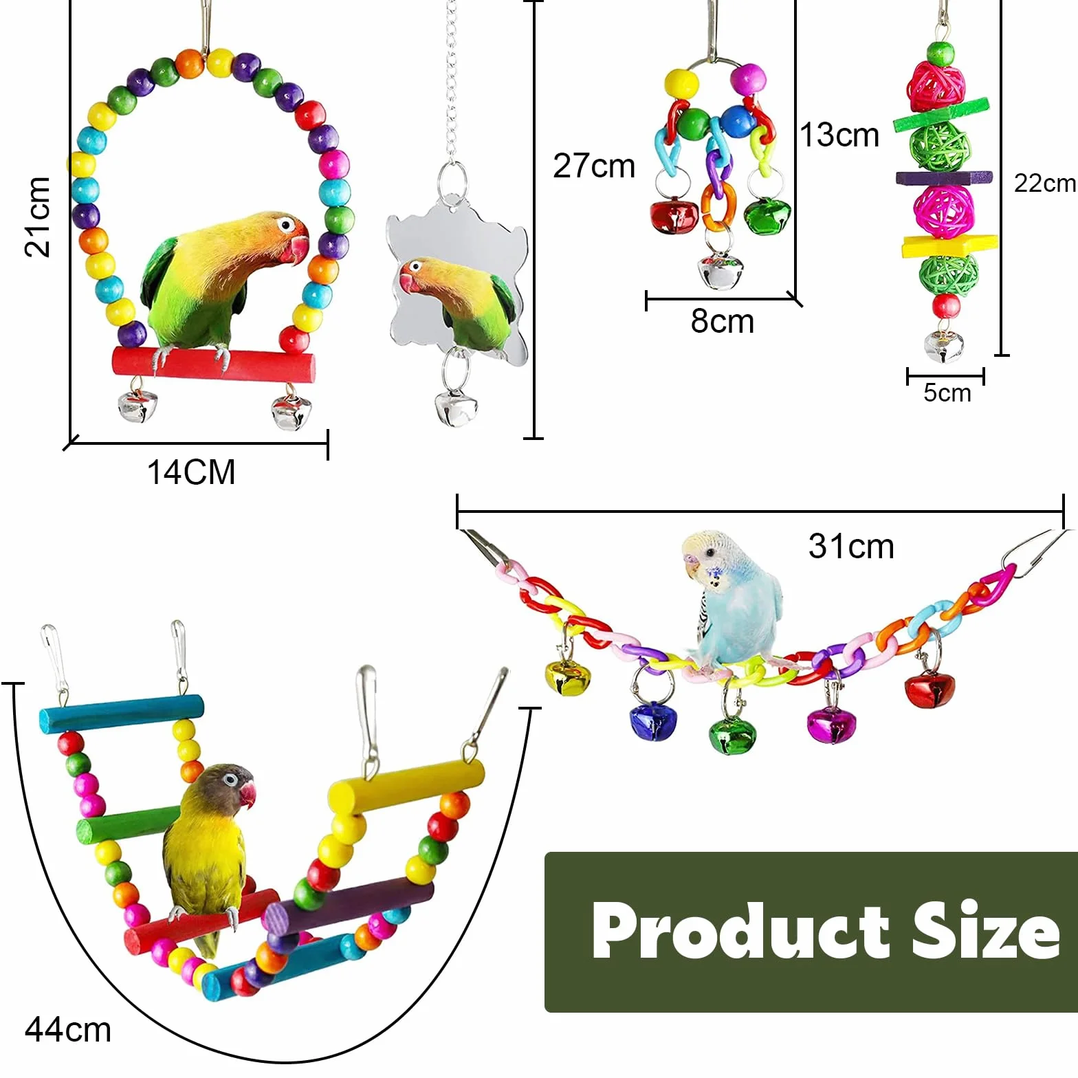 Set 7 Pezzi Giochi per Pappagalli con Campanelle e Altalene - Giocattolo Colorato da Masticare per Cockatiels e Uccelli