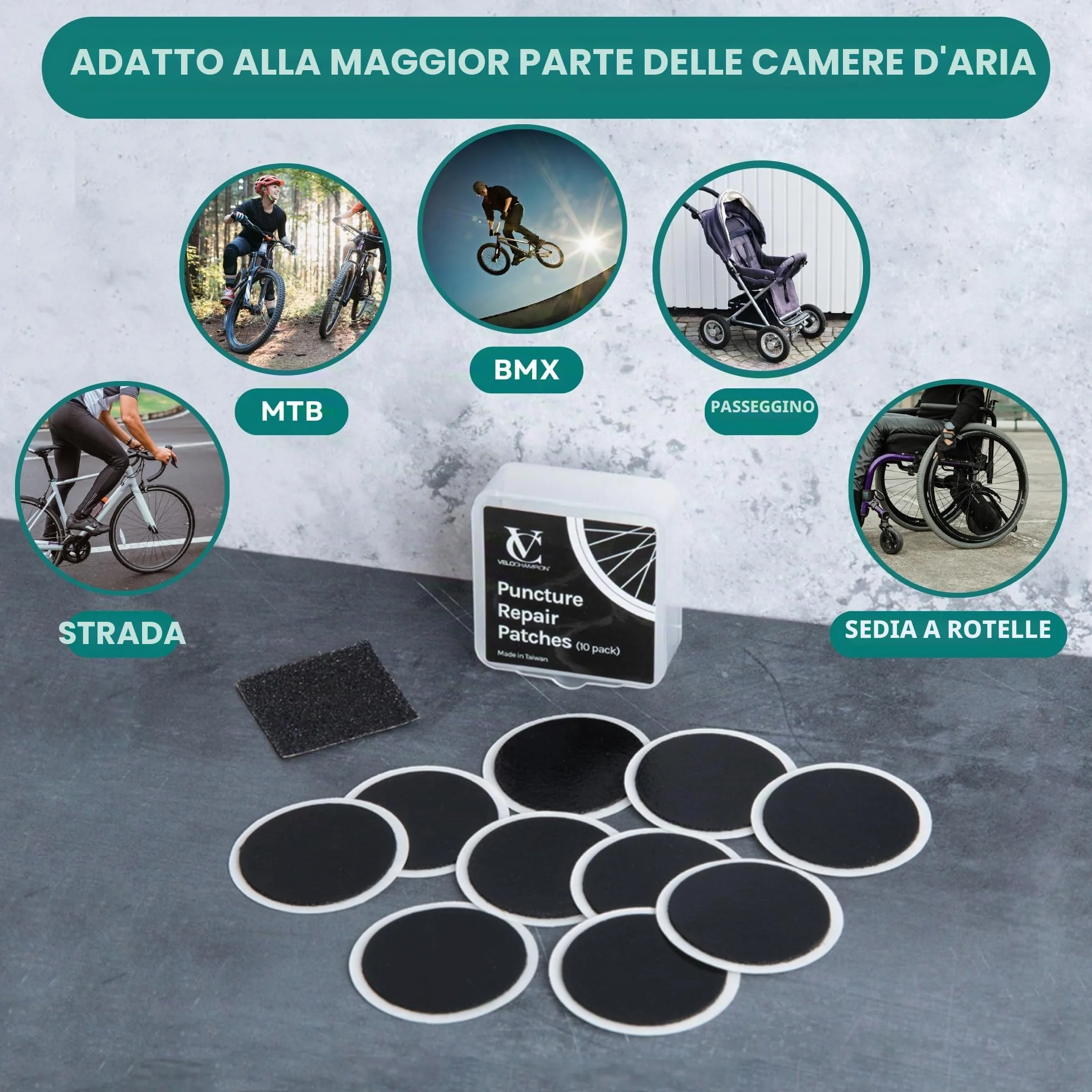 VeloChampion Kit Riparazione Forature per Bicicletta con Toppe Autoadesive e Leve Smontacopertoni a Scelta. Kit Antiforatura per Bici da Strada, MTB ed e-Bike.