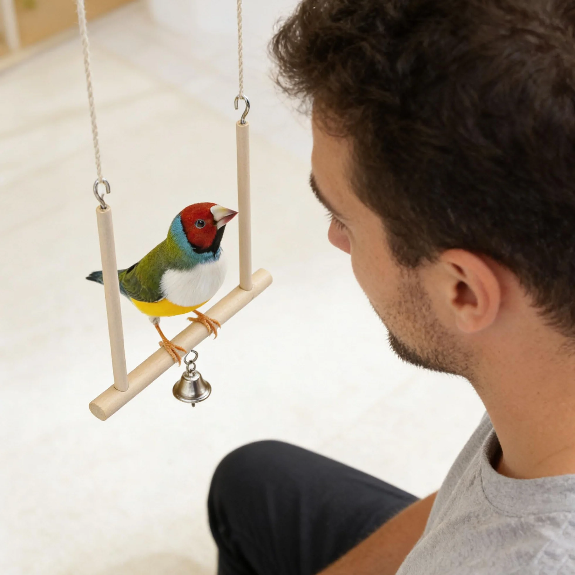 Giocattoli Per Uccelli Altalene In Legno Massello Naturale Con Campana Per Gabbie Accessori