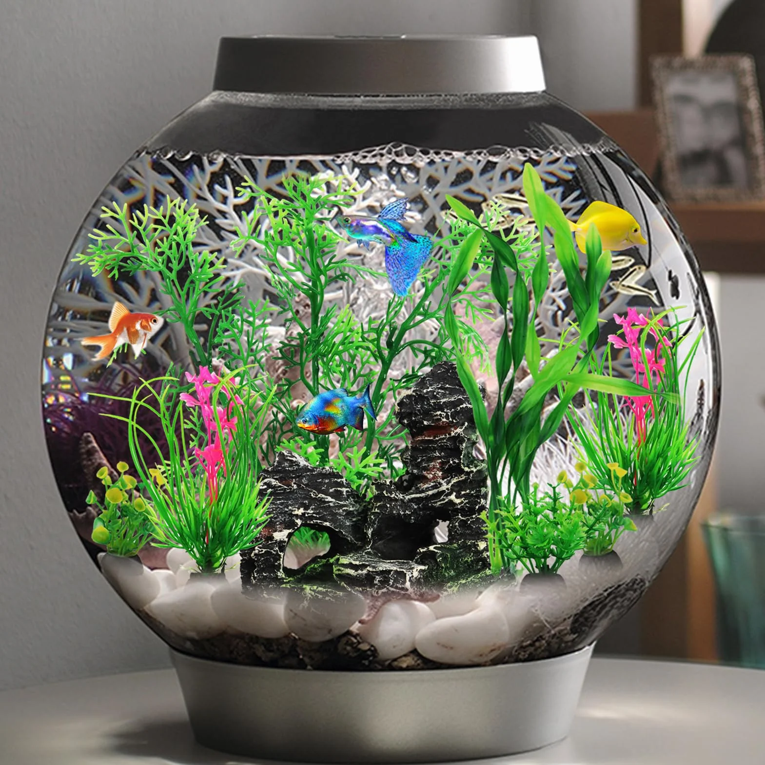 QUOZUO 9 Pezzi Decorazione Piante per Acquario, Piante in Plastica Verde con Resina, Grotta di Pesce e Accessori per Serbatoio