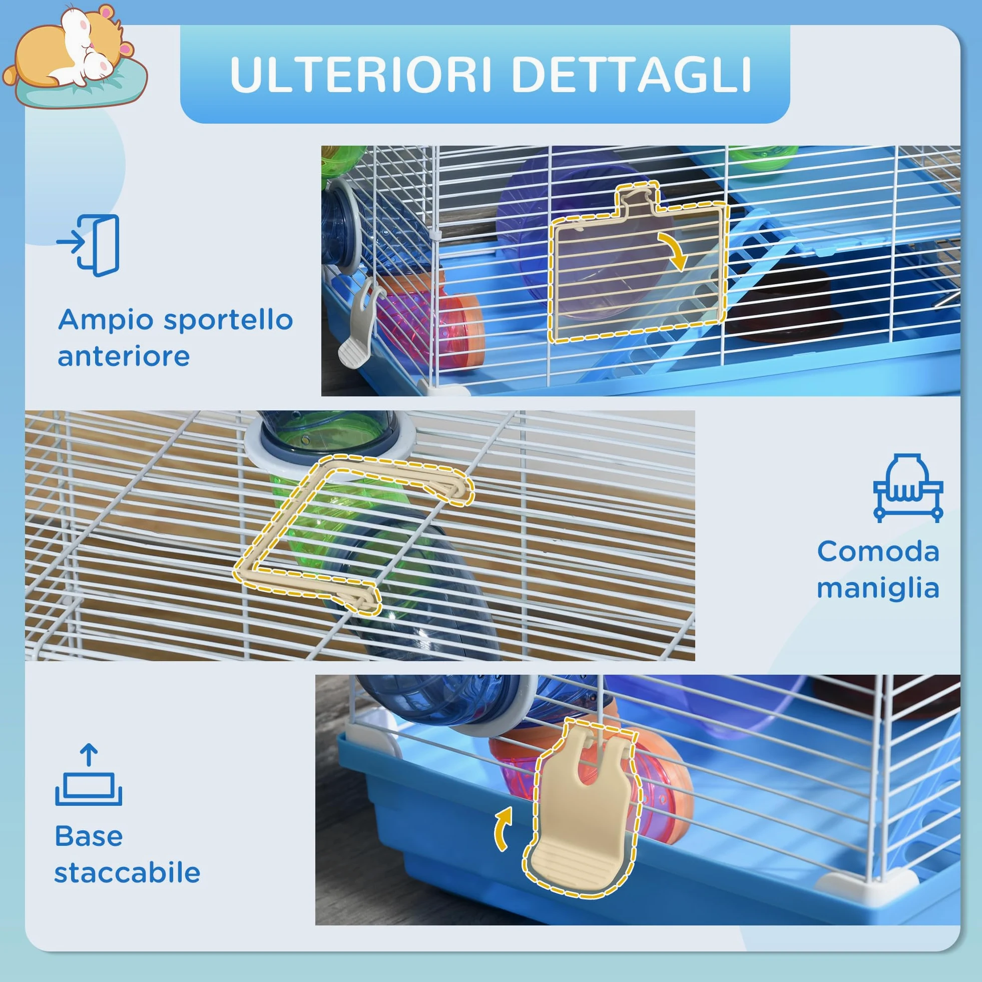 PawHut Gabbia per Criceti a 2 Livelli con Tunnel 46x30x37cm Blu e Bianca | Serbatoio per Acqua, Vassoio Rimovibile, Ruota per Criceti