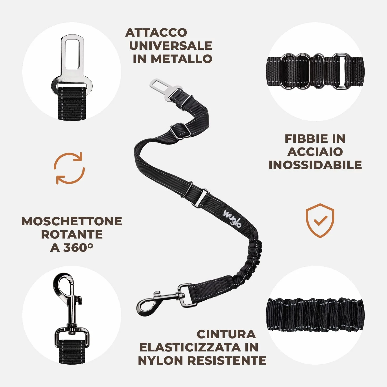 Wuglo Cintura per Cani Auto da 30 a 95 cm - Cintura di Sicurezza per Cani Elasticizzata - Cintura Auto per Cani con Attacco Spesso - Guinzaglio Auto per Cani Universale (Nero)