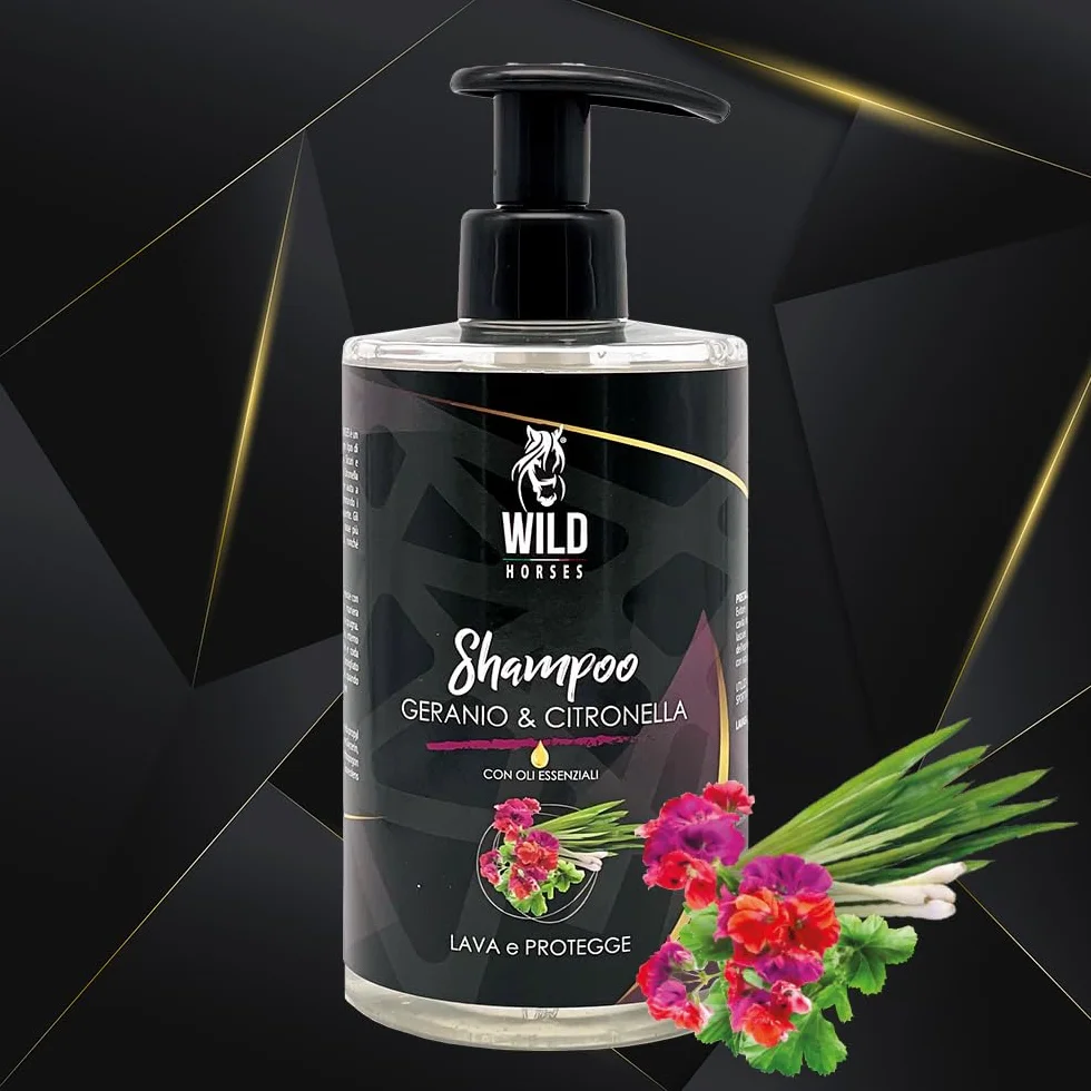 Wild Horses | Shampoo per Cavalli Geranio & Citronella con Oli Essenziali, Rinfresca e Protegge, Elimina i Cattivi Odori, Barriera Naturale, Adatto a Tutti i Tipi di Manto, 500ml, Made in Italy