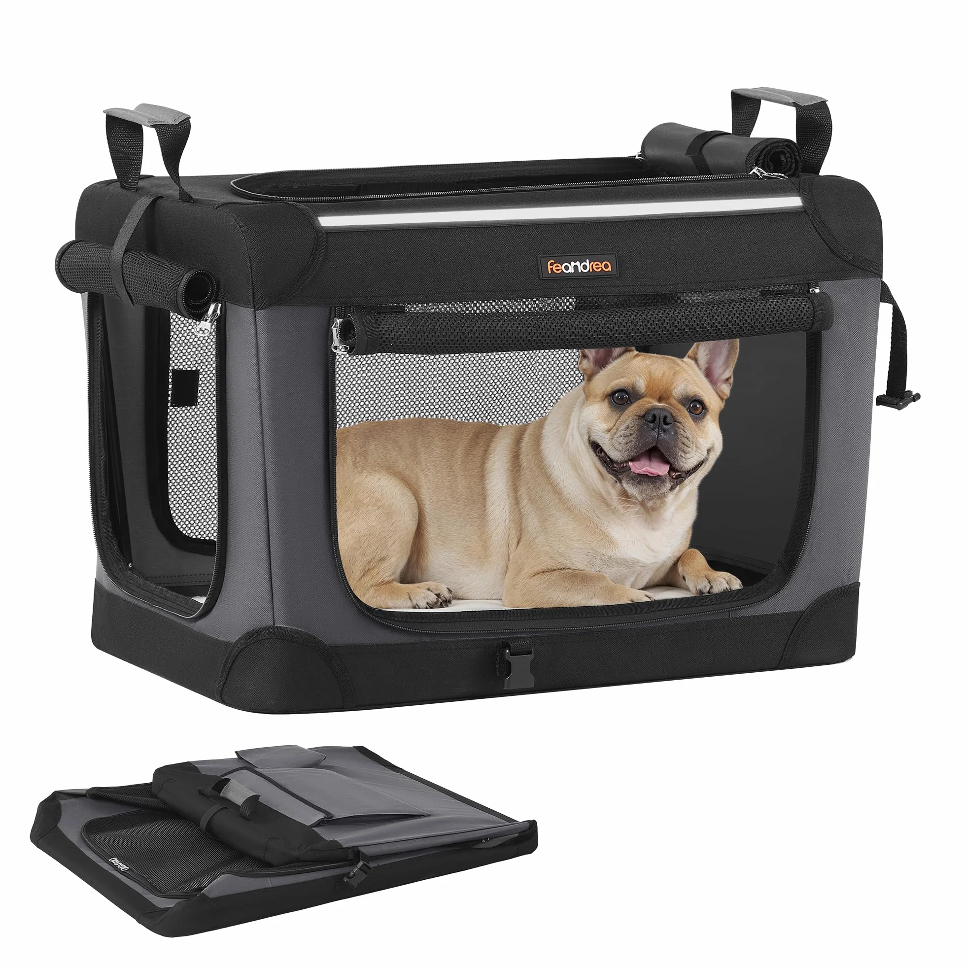 Feandrea Trasportino Pieghevole per Cani di Piccola Taglia, 60 x 42 x 42 cm, Gabbia di Tessuto Oxford, con Sportelli in Rete, Manici, Tasca Portaoggetti, Nero Inchiostro PDC016B01
