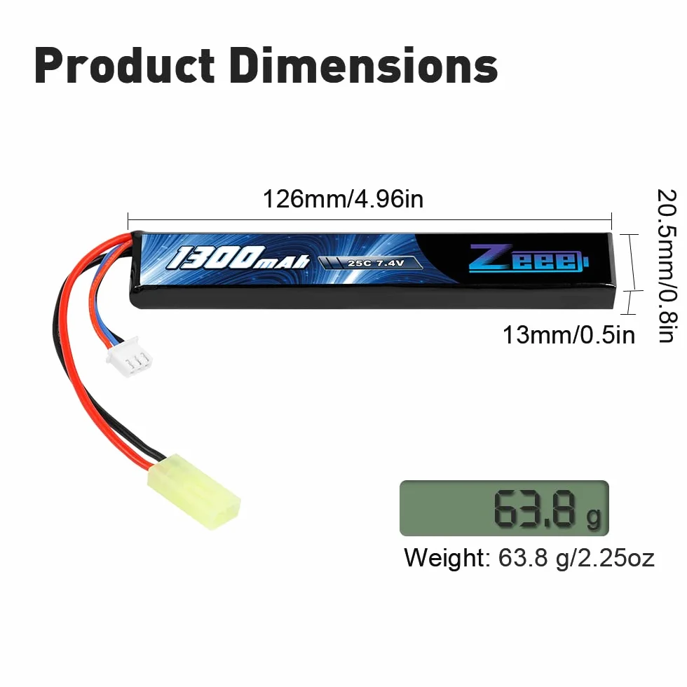 Zeee 2S Lipo Batteria 7.4V 1300mAh 25C Stick Airsoft