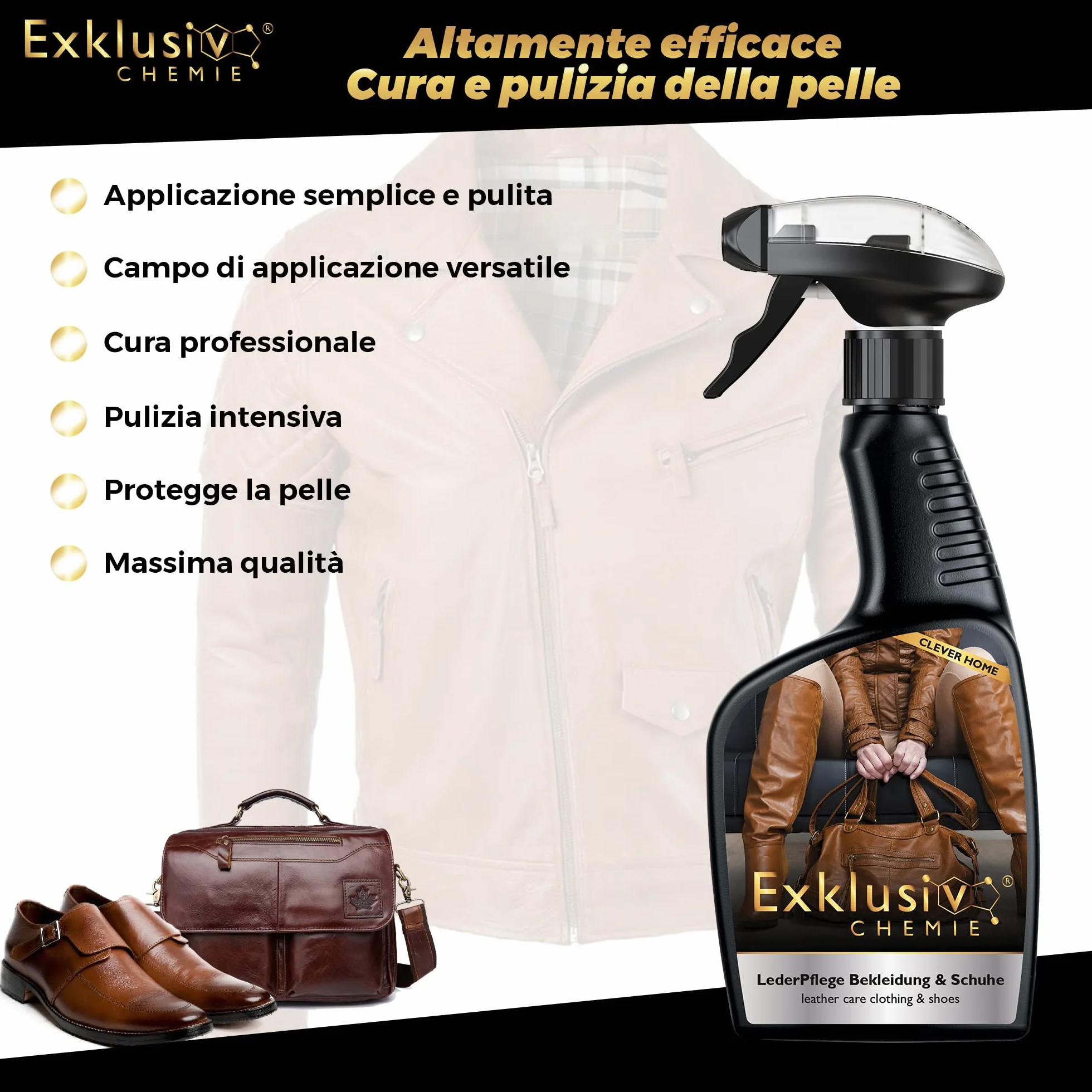 Exklusiv Chemie® Cura della pelle Cura della pelle Abbigliamento e scarpe | Cura della pelle per vestiti e scarpe di pelle | Spray per la cura della pelle | Pulitore per pelle | 500 ml | Per giacche in pelle, scarpe in pelle e borse in pelle