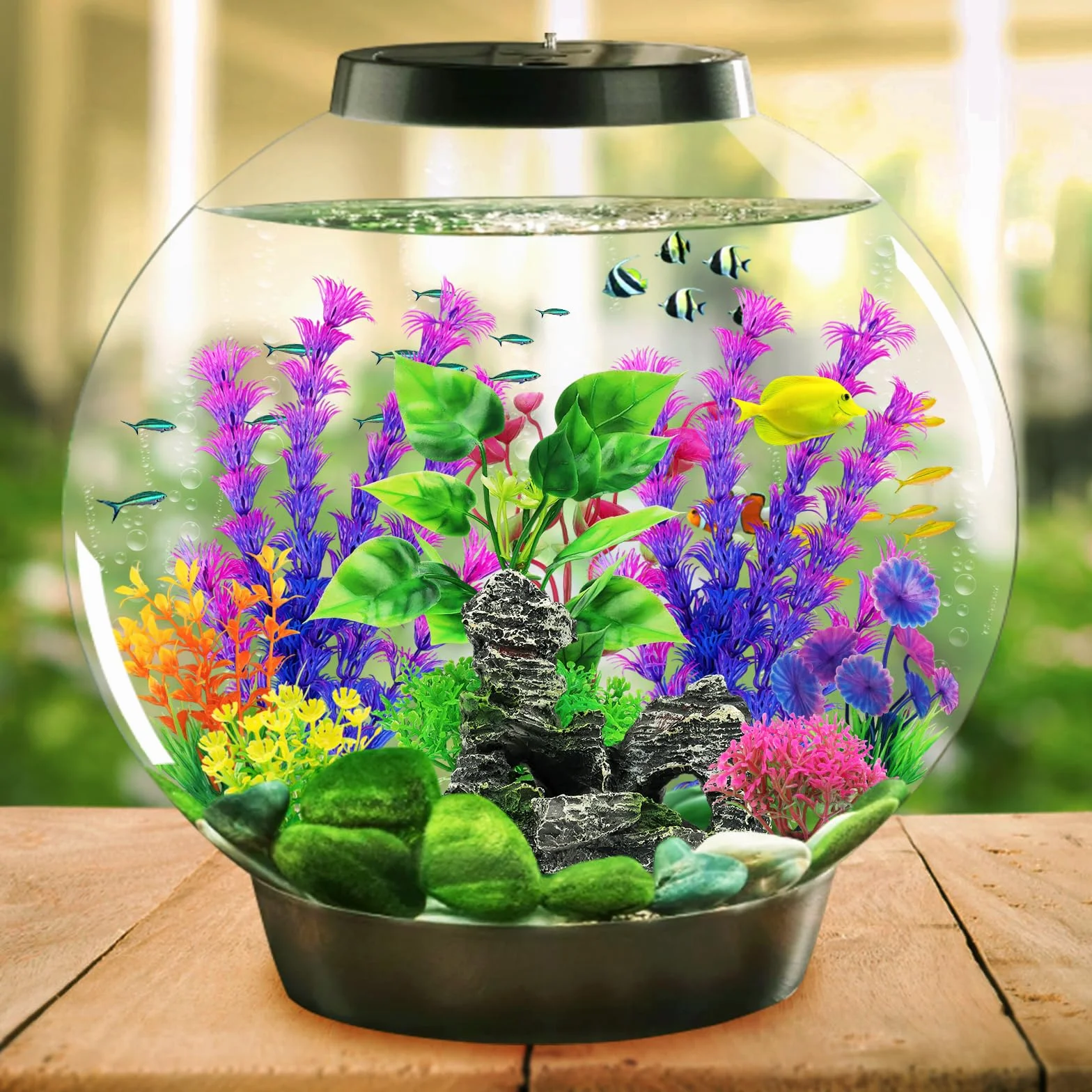 QUOZUO Decorazioni per acquari, 9 pezzi piante con vista rocciosa in resina, acquari piante in plastica, accessori per acquari e nascondigli