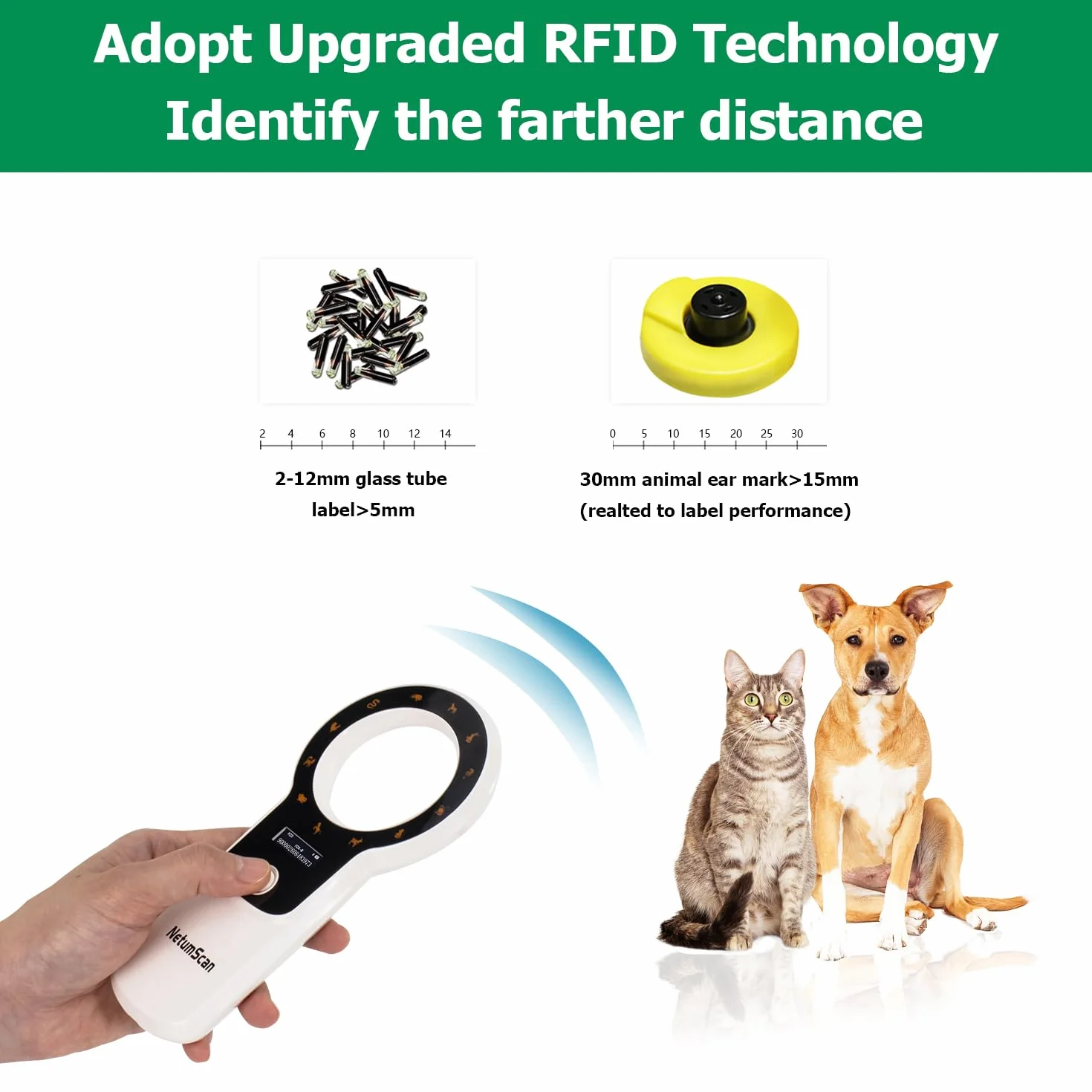 NetumScan Lettore di microchip per animali domestici aggiornato,256 dati memorizzati Scanner portatile ricaricabile per etichette identificative di animali domestici per FDX-B e ID64 RFID EMID DJ-260C