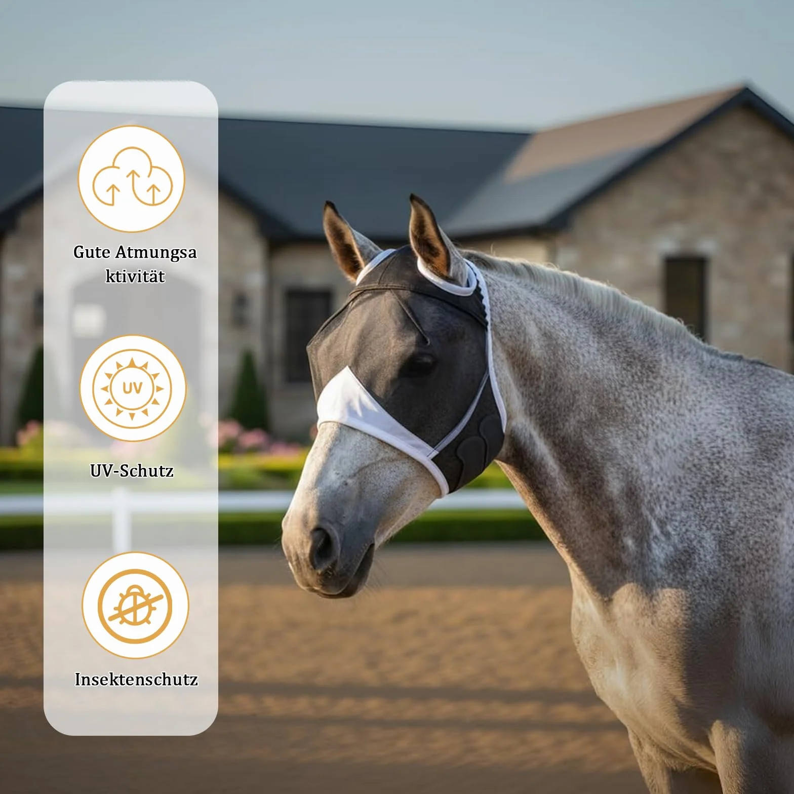 Maschera da mosche per cavallo, protezione UV, traspirante, per cavallo, sangue caldo, protezione contro mosche e raggi UV, per allenamento e uso quotidiano, maschera per mosche a lunga durata, taglia