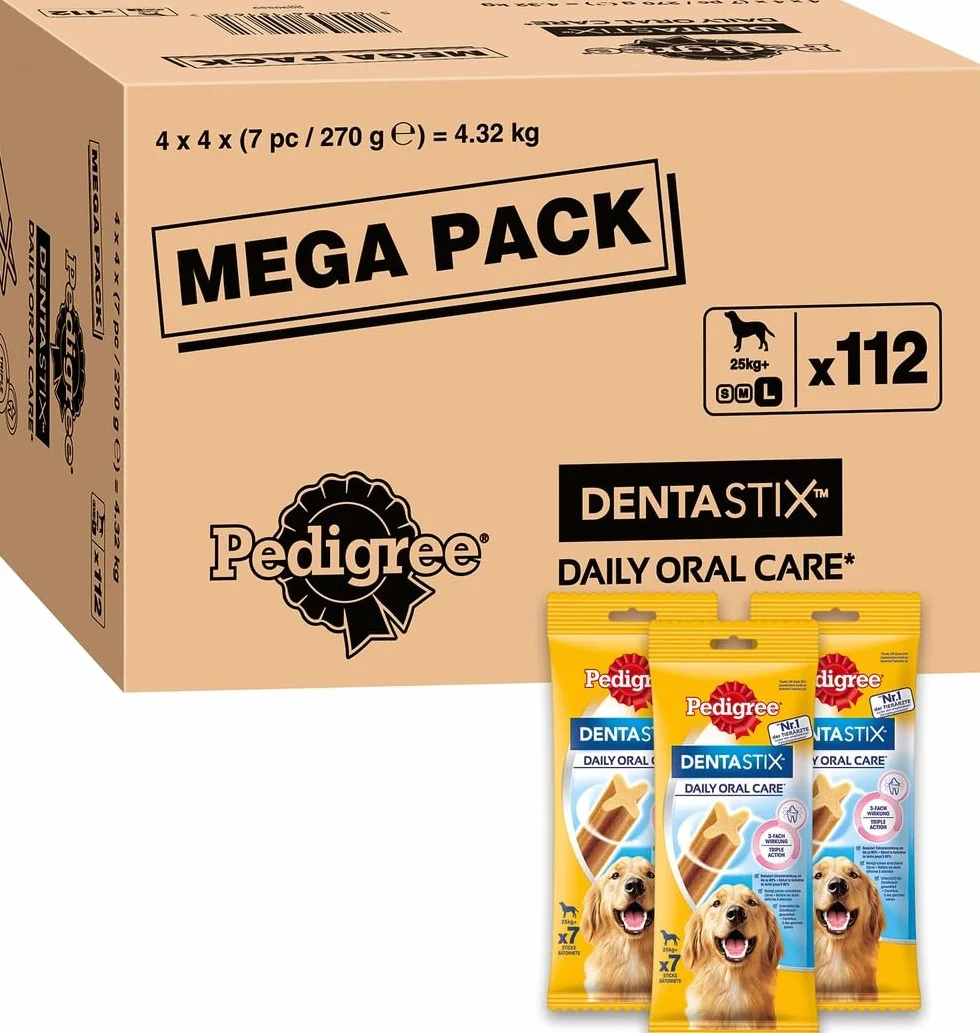 Pedigree DentaStix Daily Oral Care snack per la cura dei denti per cani di grossa taglia, Confezione da 112 bastoni