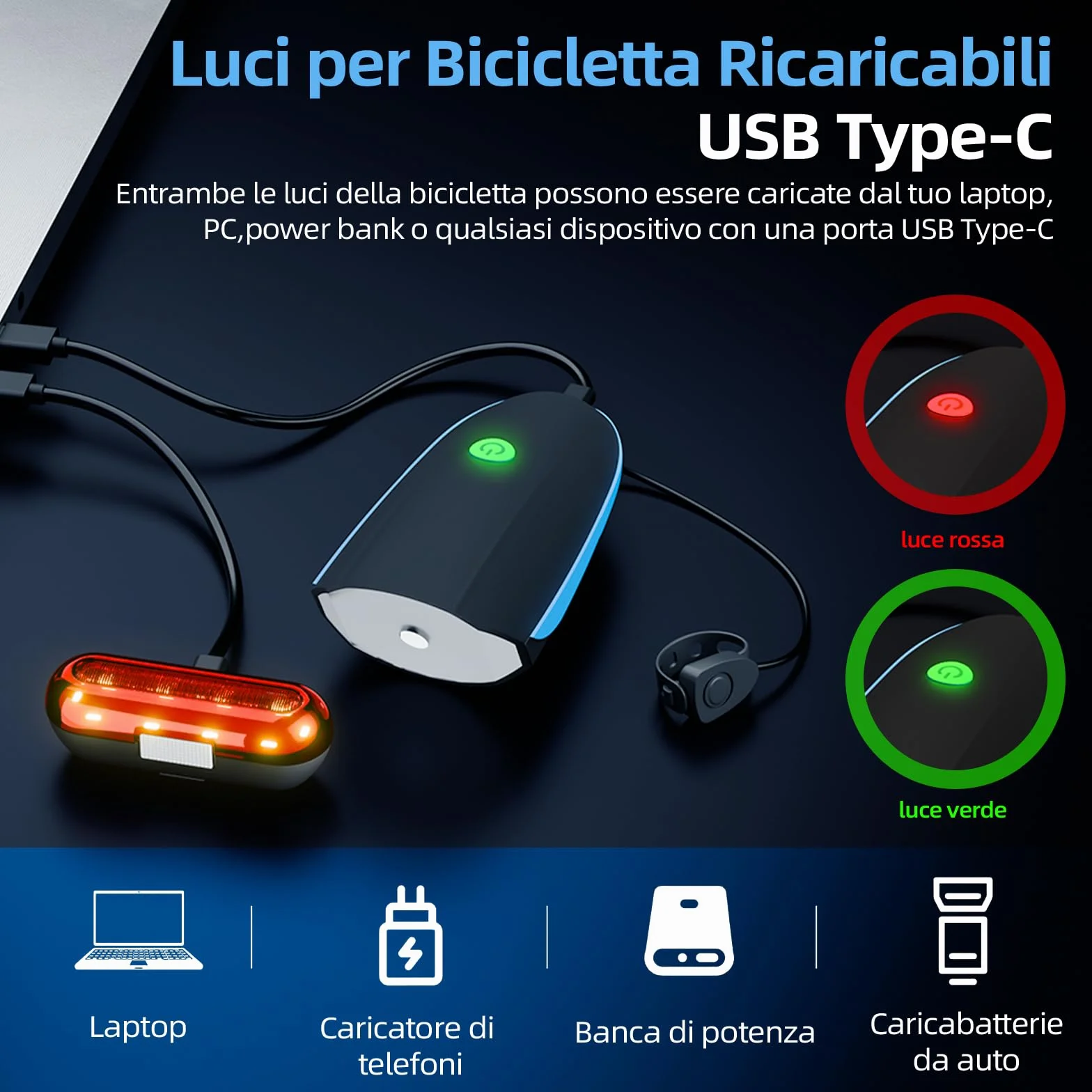 Luci Biciclette LED, Anteriore e Posteriore USB Ricaricabile e Impermeabile IP65, 1200 mAh luci MTB per Uomini Donne, Bambini, Combinazione di Luci per Mountain Bike Impermeabili