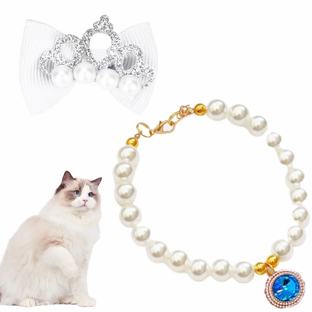 Collana per Cani Piccola Taglia Gatti Regolabile Perle Fantasia Gioielli Bling Strass Collare Papillon Chihuahua
