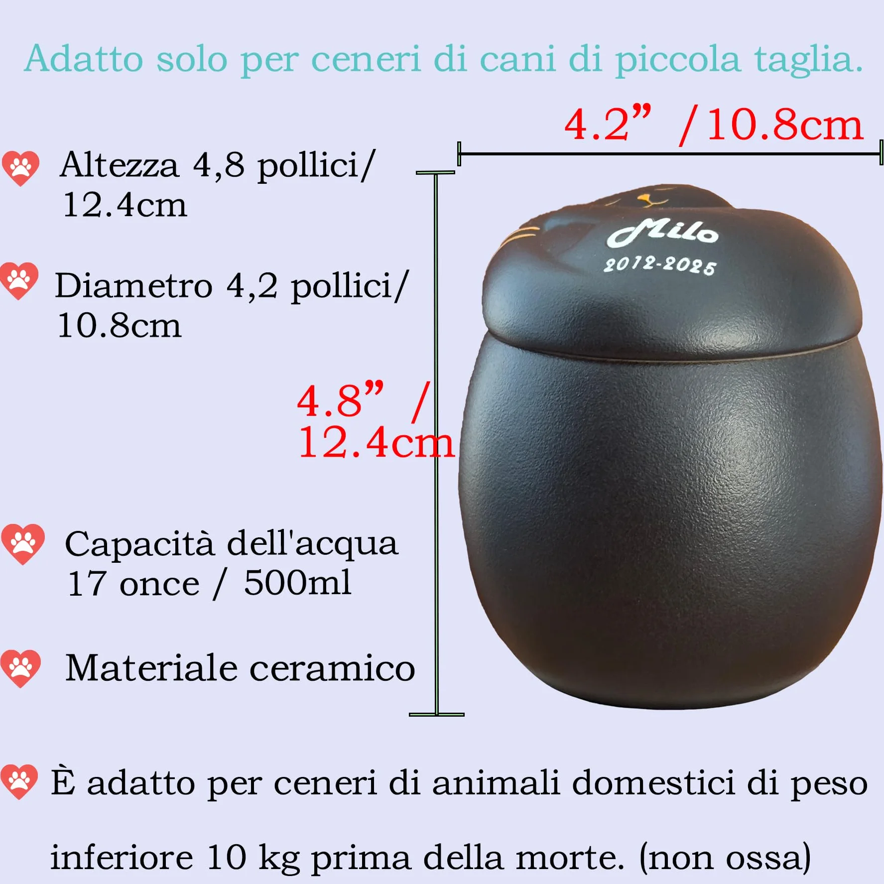 Urna per gatti in ceramica fatta a mano per ceneri animali domestici personalizzabile (nero)