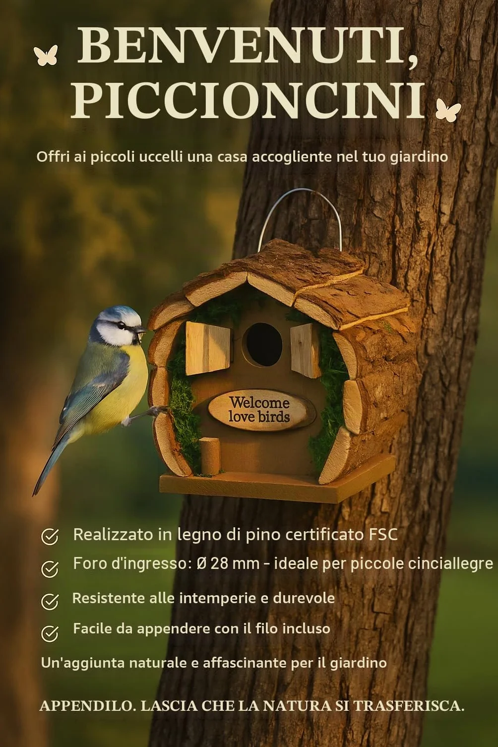 Flamingo Cortesa Inclino Cassetta nido per uccelli in legno di pino FSC 14x13x20cm resistente alle intemperie