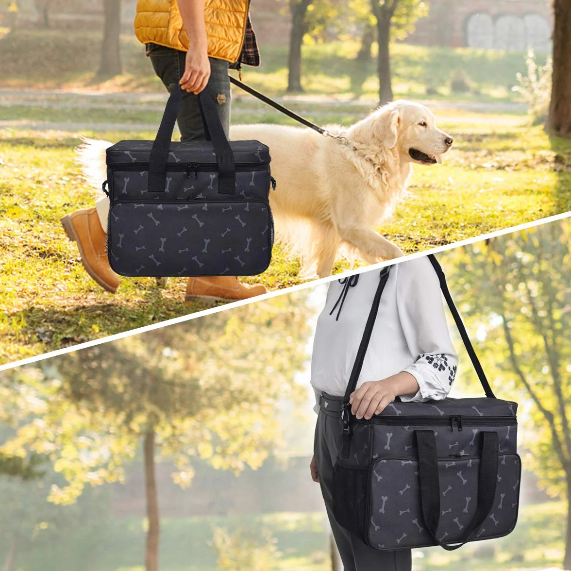 Zwini Borsa da viaggio per cani lavabile Borsa termica con scomparti, alimentatore pieghevole e bevitore (nero)
