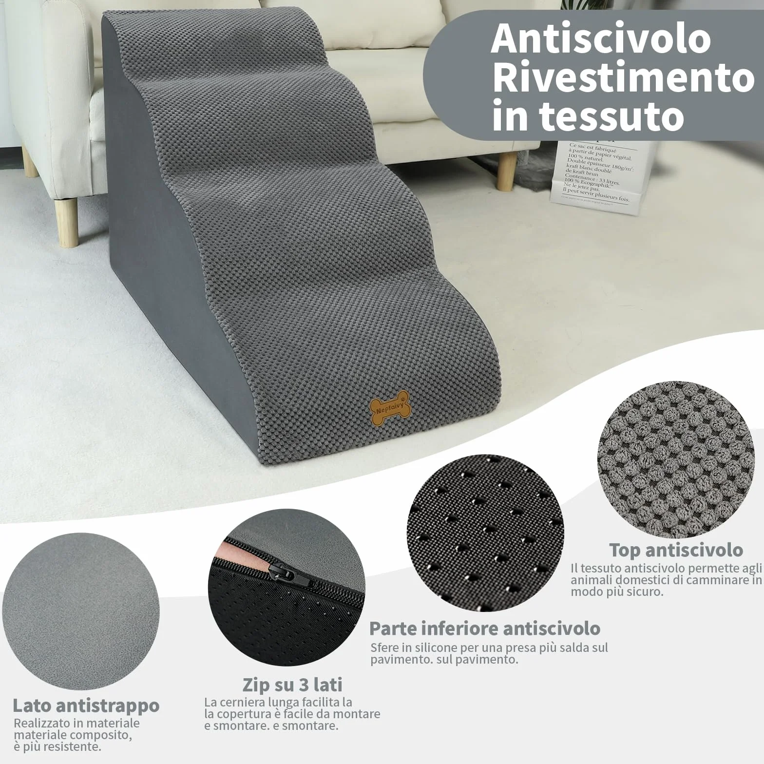 Scala per Cani di Piccola Taglia 4 Passi 75x50x40cm Rampa con Coperchio Rimovibile