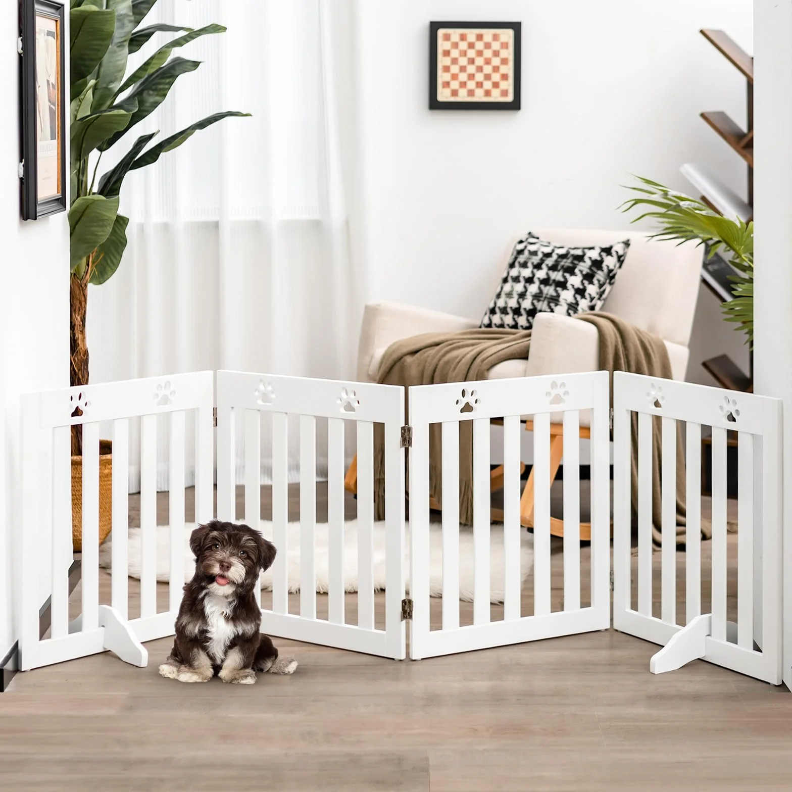 SOARS Barriera per Cani Pieghevole 204 x 60 cm Legno 4 Pannelli Bianco