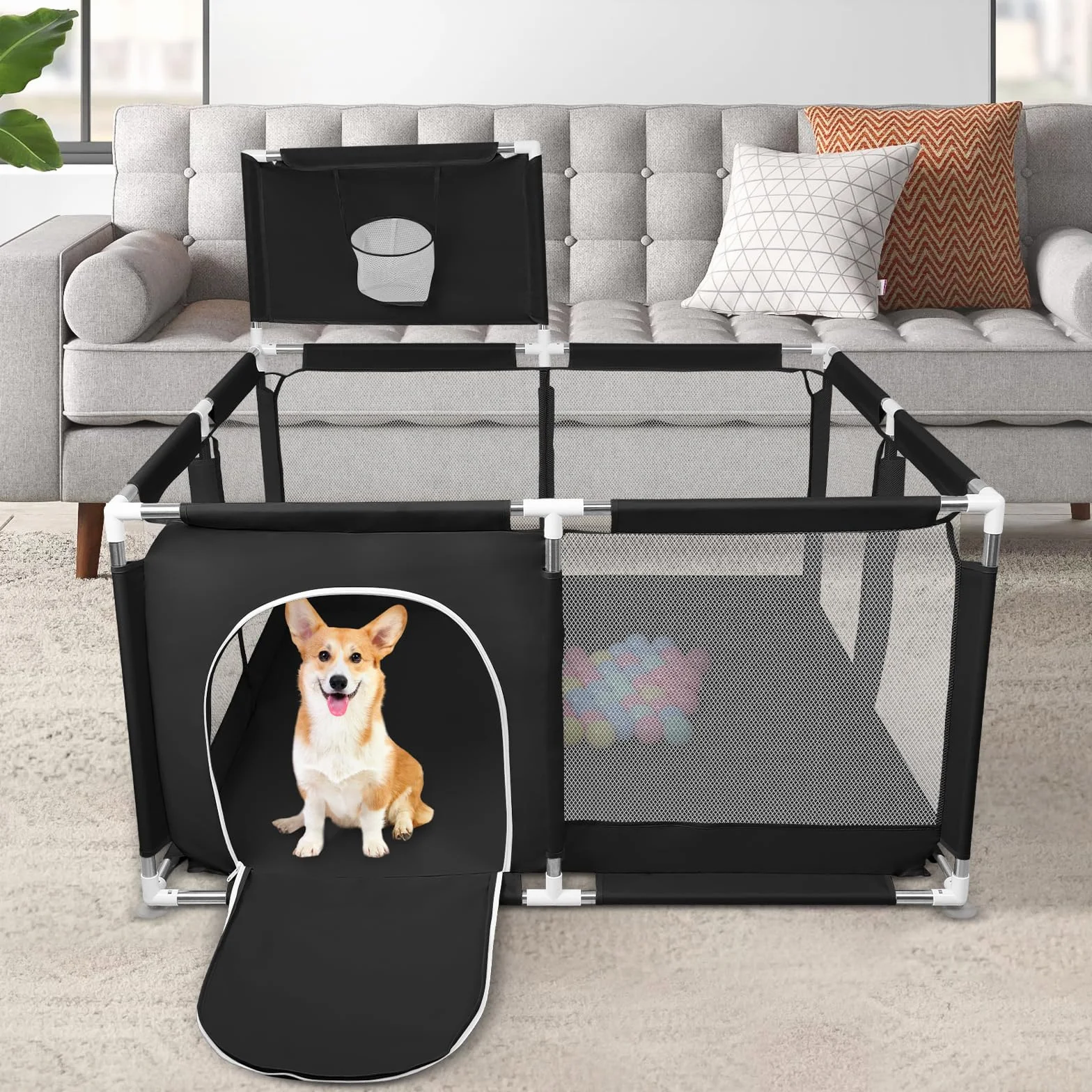 Parco per cuccioli con porta, parco per cuccioli o cani piccoli, recinzione solida in tessuto spesso e rete in nylon ad alta resistenza, lavabile in lavatrice, interno/esterno, 126 x 126 x 66 cm, nero