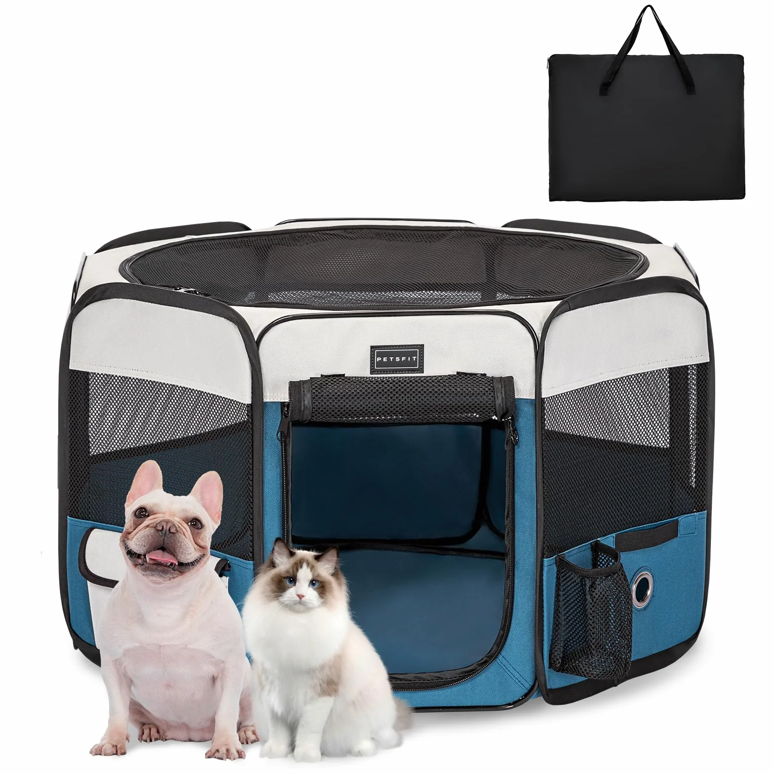 PETSFIT Recinto per Gatti Pieghevole e Portatile, Recinto per Cani con Pavimento impermeabile in Tessuto, grigio e blu, 75 * 68 * 42CM