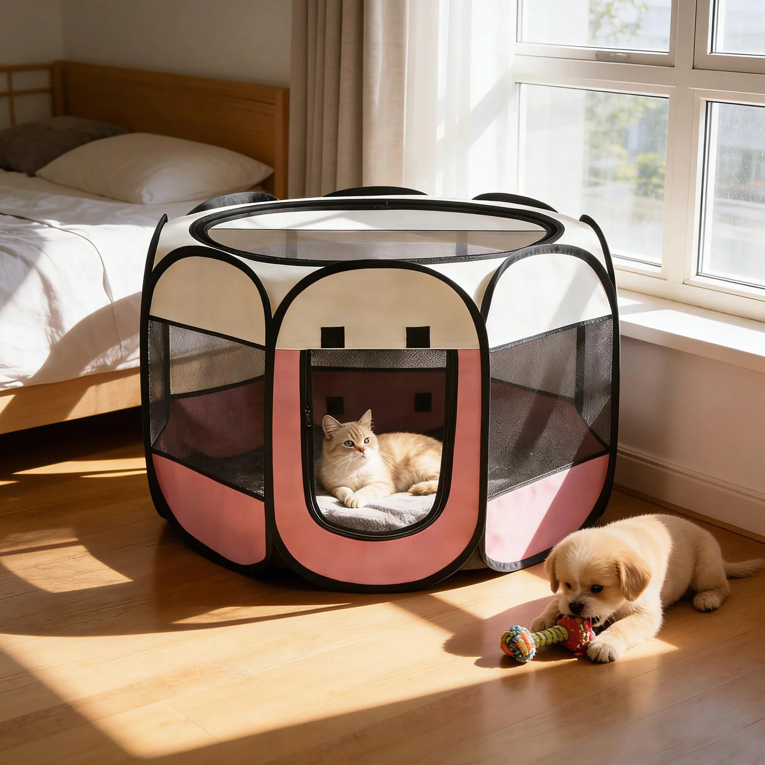 Recinto per Cani da Interno, 74x74x43cm Gabbia per Gatti recinto per conigli da interno kennel cane piccolo Box Pieghevole per Cane, Gabbia per Gatto Esterno (rosa + bianco crema, 74x74x43cm)