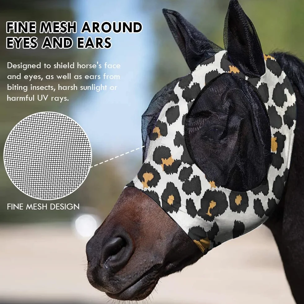 Maschera Antimosche per Cavallo, Maschera Mosche Cavallo Rete Morbida con Paraorecchie, Elasticità Maschera da Mosca per Cavallo con Protezione UV, Anti Mosca, Zanzare(stampa leopardata)