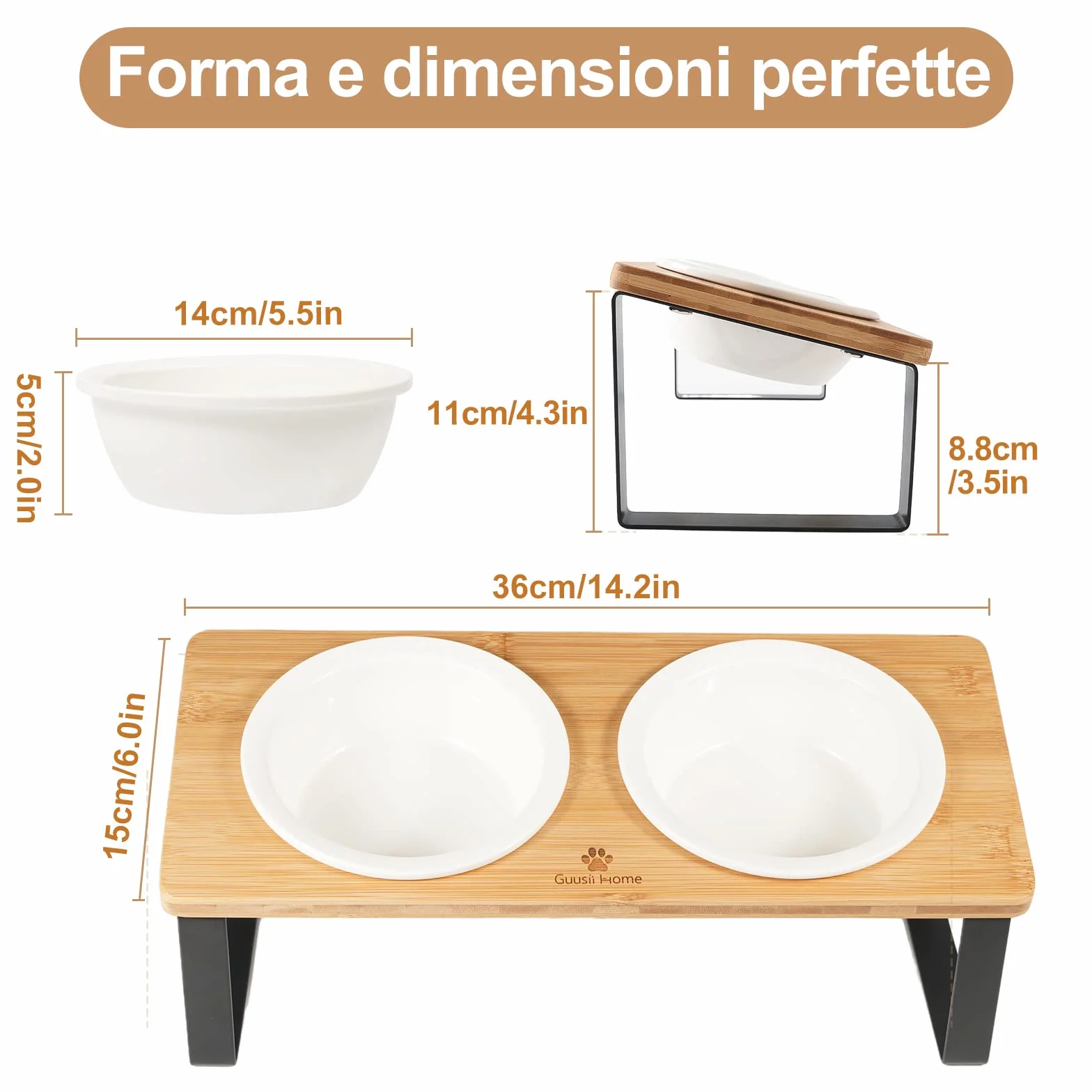 GUUSII HOME Ciotole per Gatti Rialzate Ciotola Gatto Ceramica Legno 15° Inclinate Gatto Set di Doppio Ciotole per Alimenti Ø14cm con Supporto in Bambù Inclinato Antiribaltamento (Colore legno)