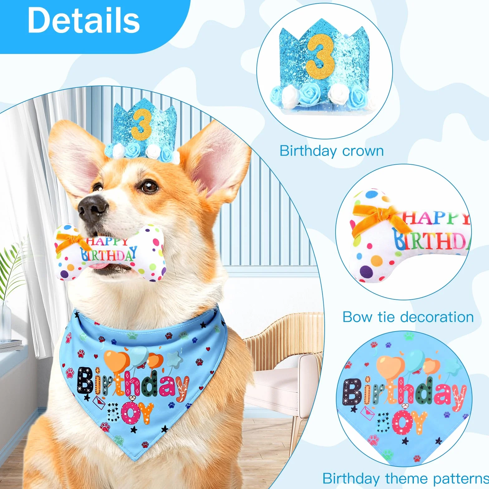 Set Compleanno Cane 4 Pezzi Cappellino Bandana Giocattolo Osso Numeri Regalo Blu
