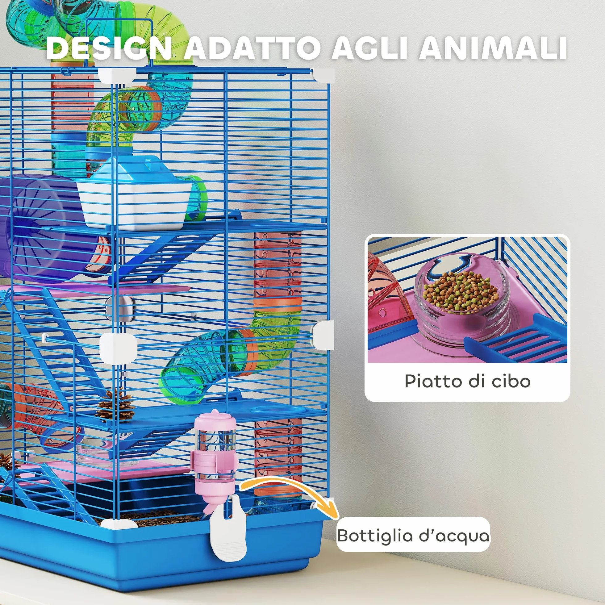 PawHut Gabbia per Criceti a 5 Livelli con Tubi, Ruota, Casetta, Scale e Bottiglia, Gabbietta per Roditori in Metallo e Plastica, 46x30x58 cm, Blu Scuro