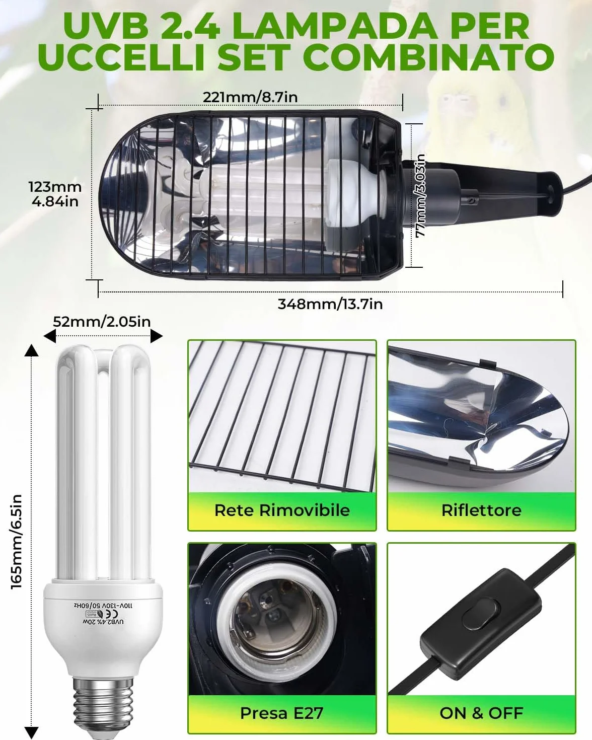 GlowUp Lampadina UVB 2.4 20W E27 per Pappagalli Kit Combinato