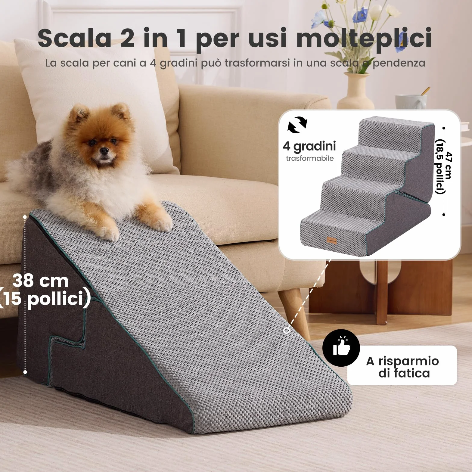Gardner Pet 2-in-1 scala per cani piccoli 4 gradini rampa in schiuma impermeabile antiscivolo grigia