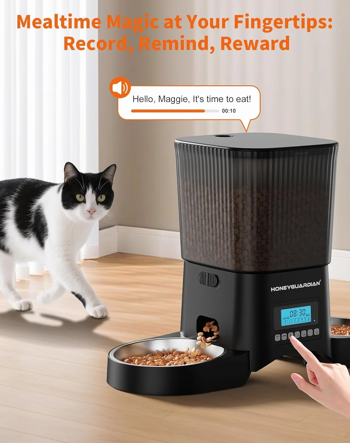 HoneyGuaridan Distributore Automatico Cibo Gatti, 3.5L Dispenser Crocchette Gatto con 4 ciotole, Programmable Porzione(6 Pasti/Giorno), Avviso vocale per i pasti, piedini antiscivolo