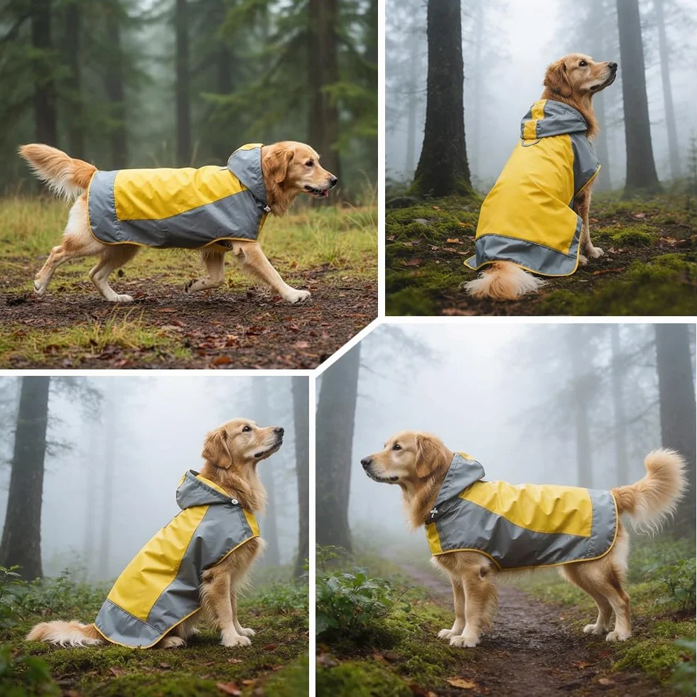 AOOWU Impermeabile Cane, Impermeabile Cane Giacca Riflettente per Cani con Cappuccio, Giallo Impermeabile per Cani per Adatto a Cani di Taglia Grande, Media e Piccola (L)