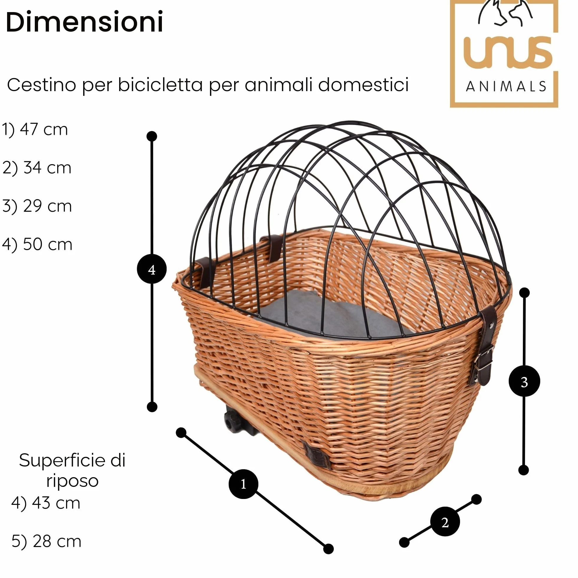 UNUS Cestino per bicicletta per cani in vimini, con copertura a griglia e cuscino, 47 x 29 x 34 cm