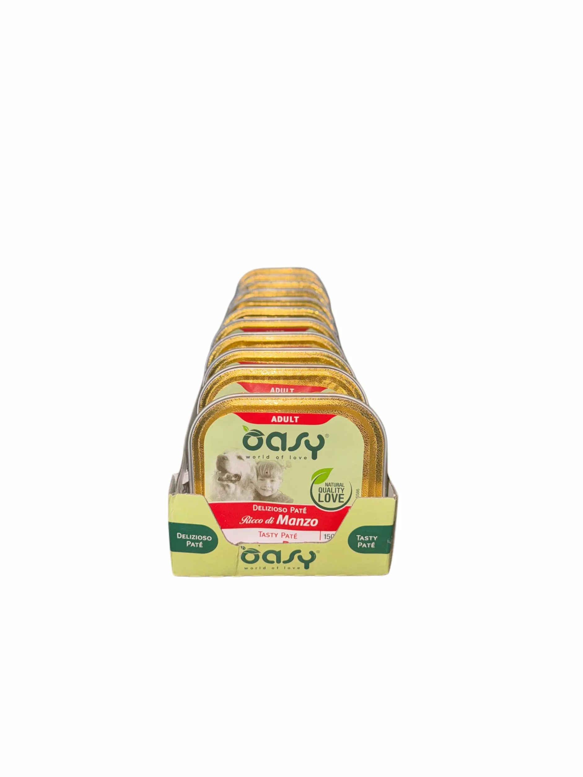 Oasy delizioso patè per cani adulti di tutte le taglie, gusto MANZO | 11 vaschette da 150 grammi l'una.
