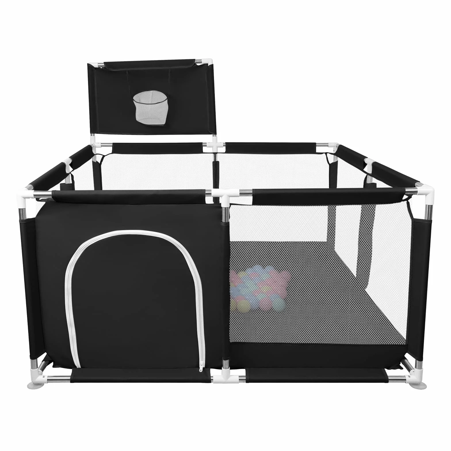Parco per cuccioli con porta, parco per cuccioli o cani piccoli, recinzione solida in tessuto spesso e rete in nylon ad alta resistenza, lavabile in lavatrice, interno/esterno, 126 x 126 x 66 cm, nero