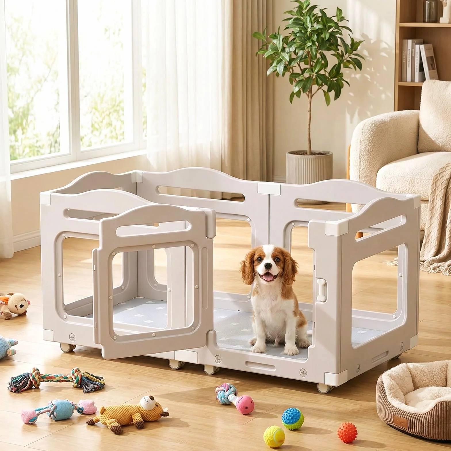 MAMIZO Recinto per Cani Acrilico 126 × 68 cm, Box per Cuccioli con Ruote e Base, Box per il Parto Cani con Cuscinetto Impermeabile, 5+1 PCS Pannelli Parco per Cani adatto Appartamento, Grigio Caldo