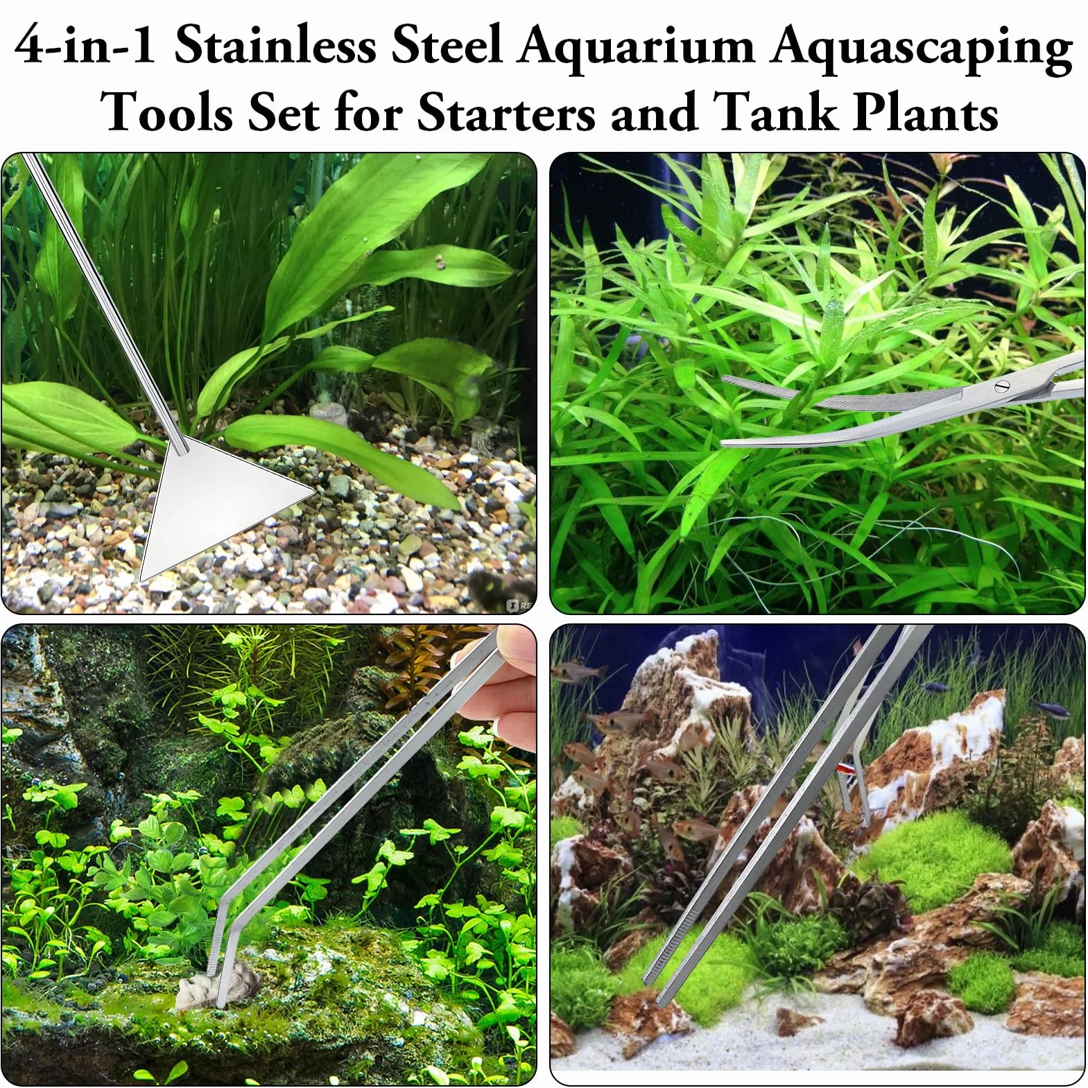 Kit Accessori Acquario 4 in 1 Pinze Acciaio Inox Pinzette Forbici Spatola con Borse Stoccaggio per Piante Acquatiche
