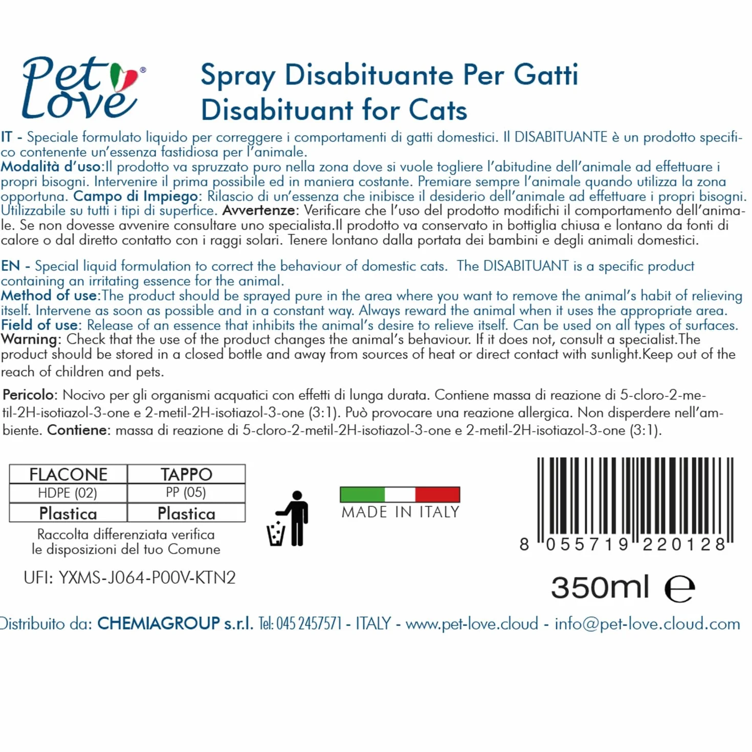 PET LOVE Spray Disabituante Repellente per Gatti - Anti Urina per Interni ed Esterni - Barriera Olfattiva - 350 ml