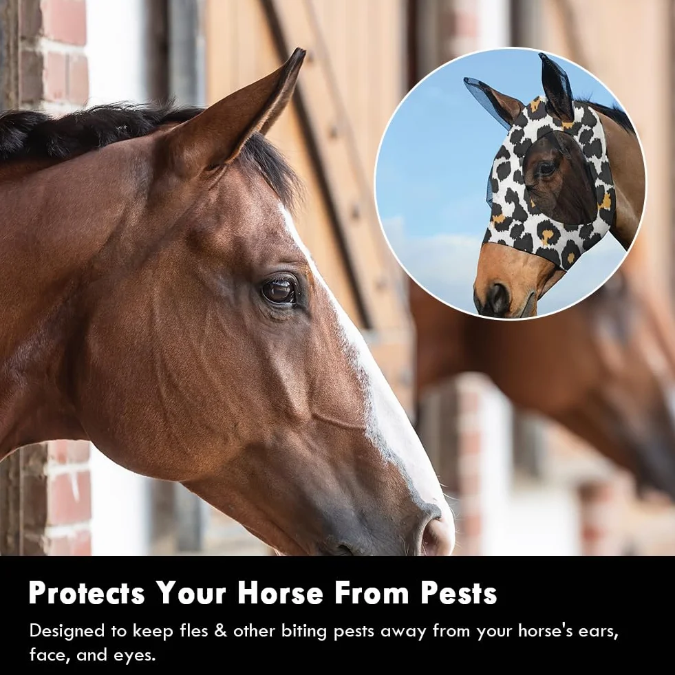 Maschera Antimosche per Cavallo, Maschera Mosche Cavallo Rete Morbida con Paraorecchie, Elasticità Maschera da Mosca per Cavallo con Protezione UV, Anti Mosca, Zanzare(stampa leopardata)