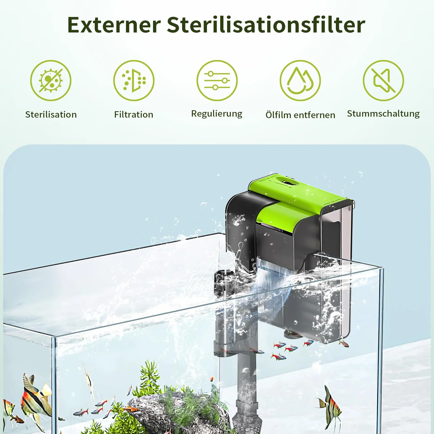 Forever Speed Filtro esterno per acquari con UVC 4-in-1 Flusso regolabile da appendere al filtro 450L/h Filtro a cascata per acquari da 10-100L