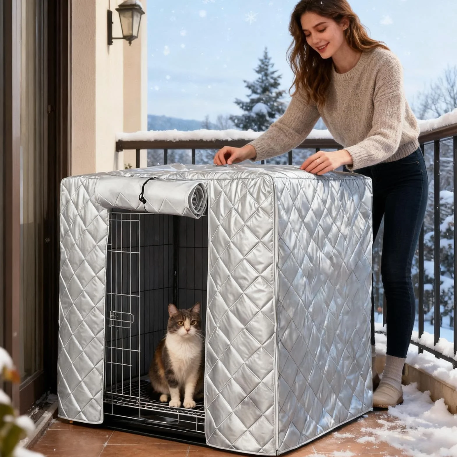 Copertura per Gabbia per Cani Impermeabile Anti Neve con Finestra Laterale in Cotone e Oxford
