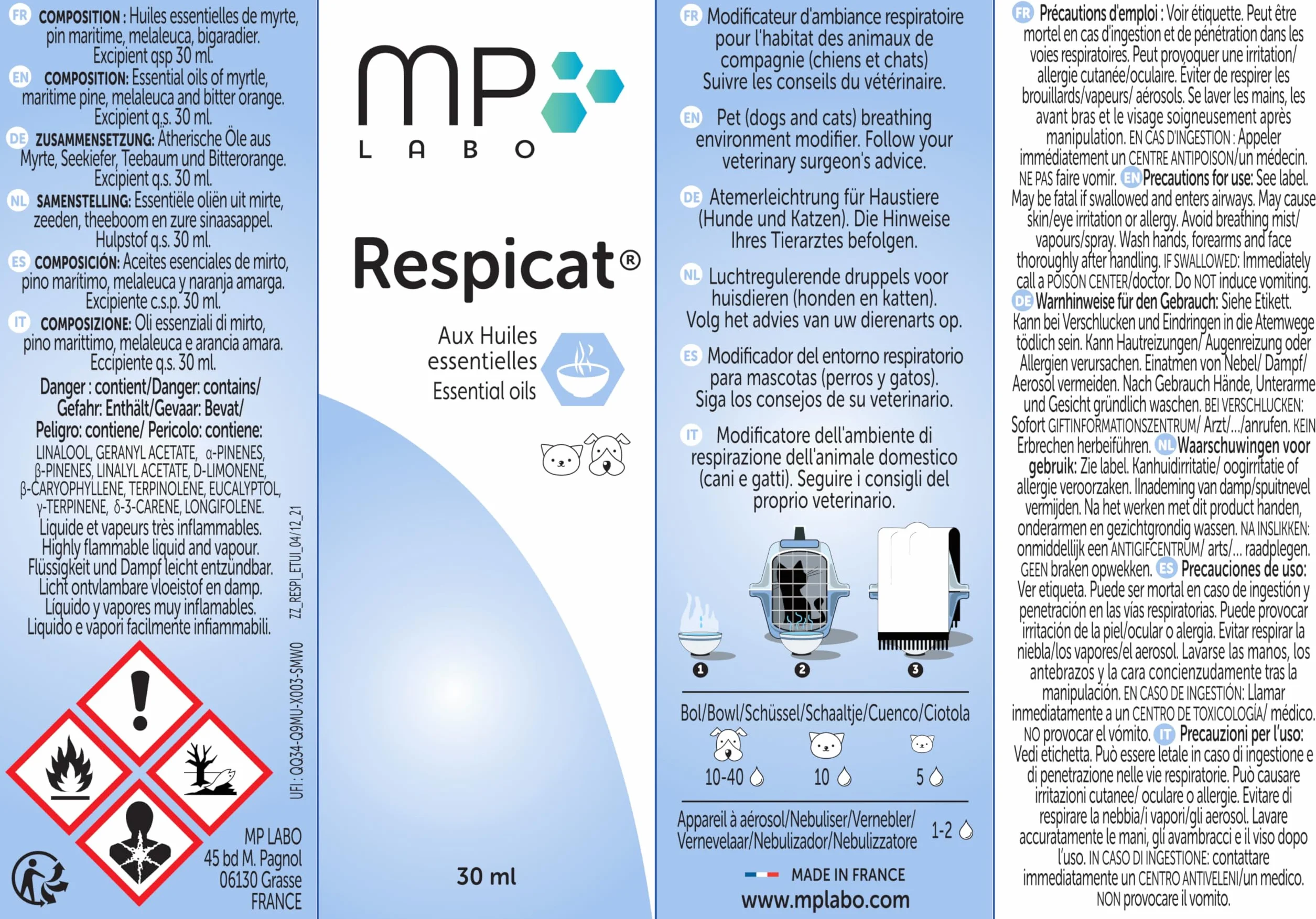 MP Labo Respicat® 30 ml - con Oli Essenziali - Modificatore dell'ambiente respiratorio nell'habitat degli Animali Domestici - Cani e Gatti