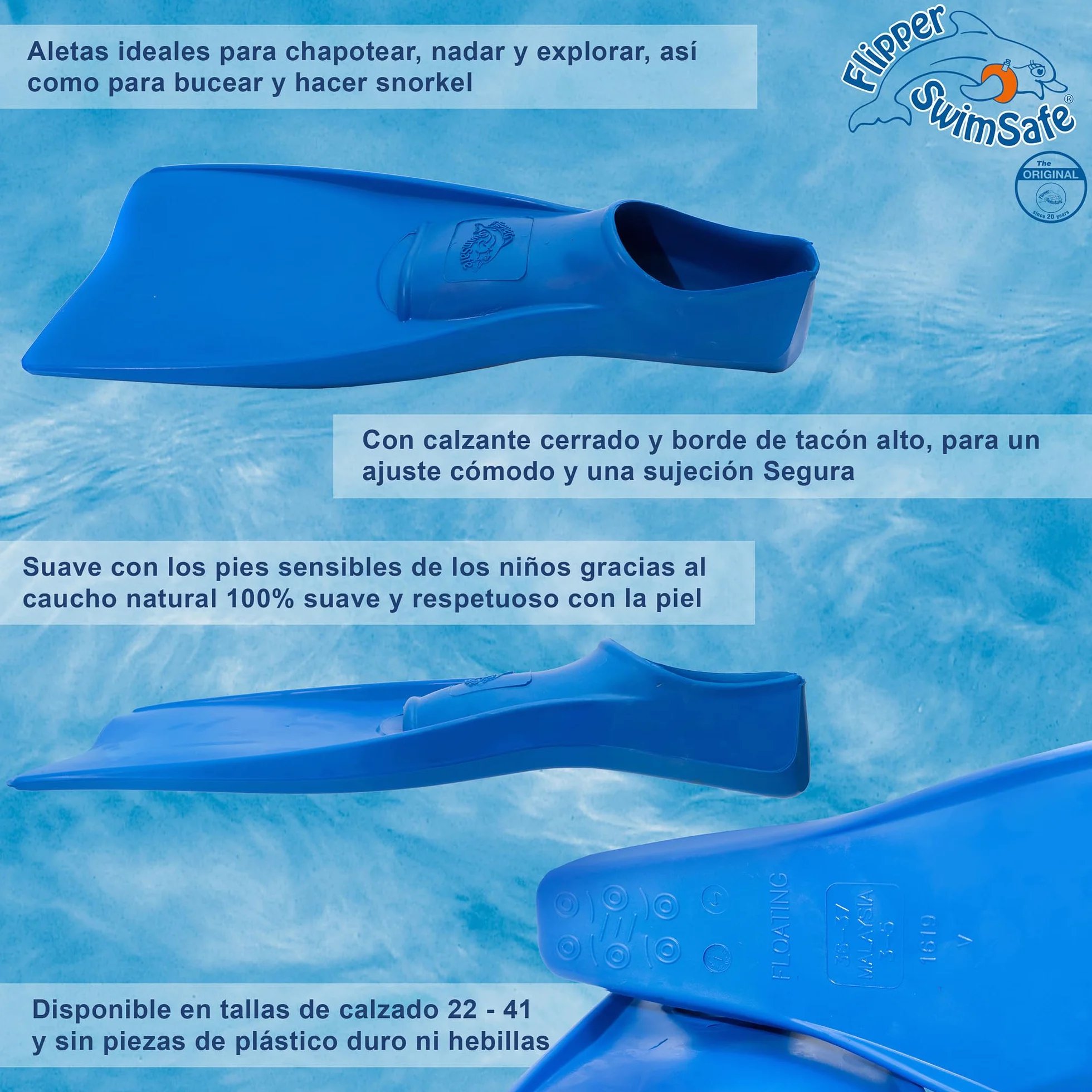 Flipper SwimSafe Pinne da Nuoto per Bambini e Adolescenti in Gomma Naturale Blu o Arancione