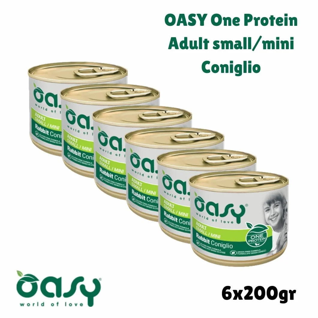 Oasy umido cane adulto monoproteico, alimento completo per cani adulti di taglia piccola (small) gusto CONIGLIO | 6 scatolette da 200 grammi l’una.