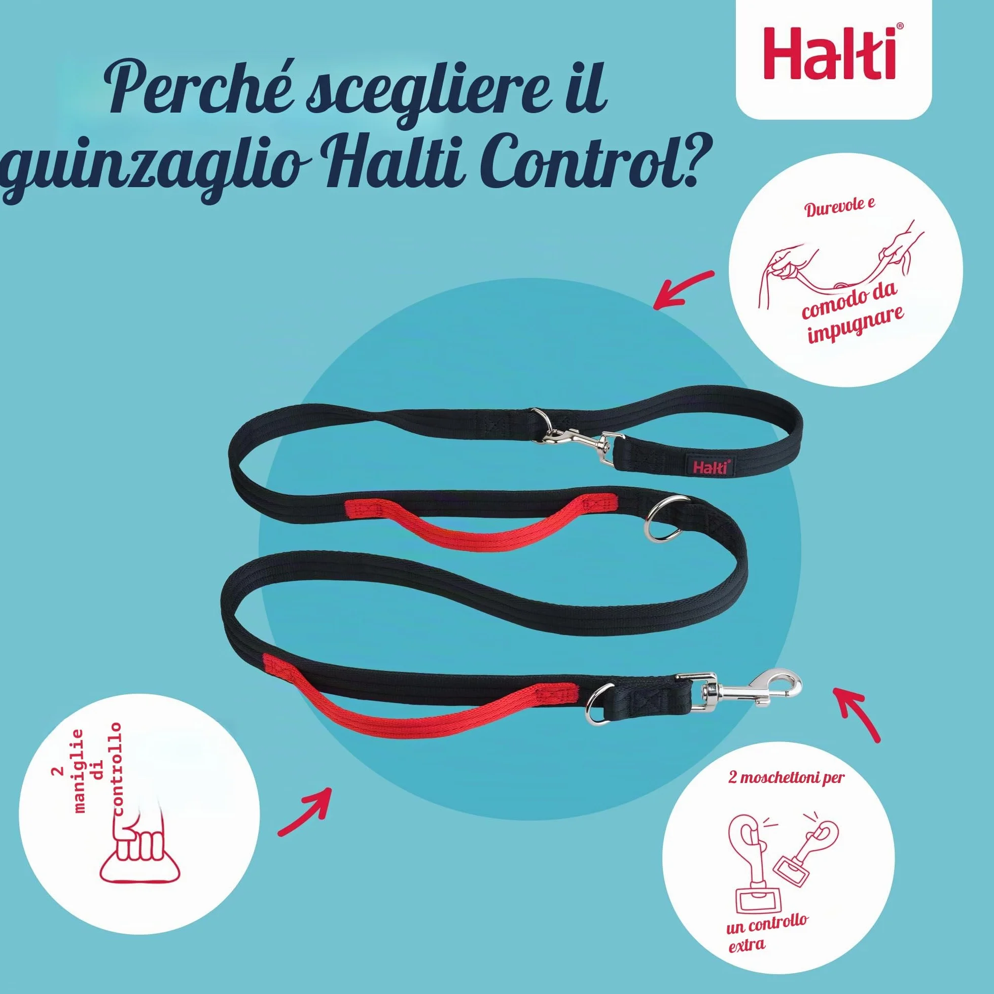 Guinzaglio da controllo HALTI - Guinzaglio multifunzionale a doppia clip e doppia impugnatura, ideale per l’addestramento anti-trazione. Comodo da tenere in mano. Ideale per cuccioli e non (2 metri)