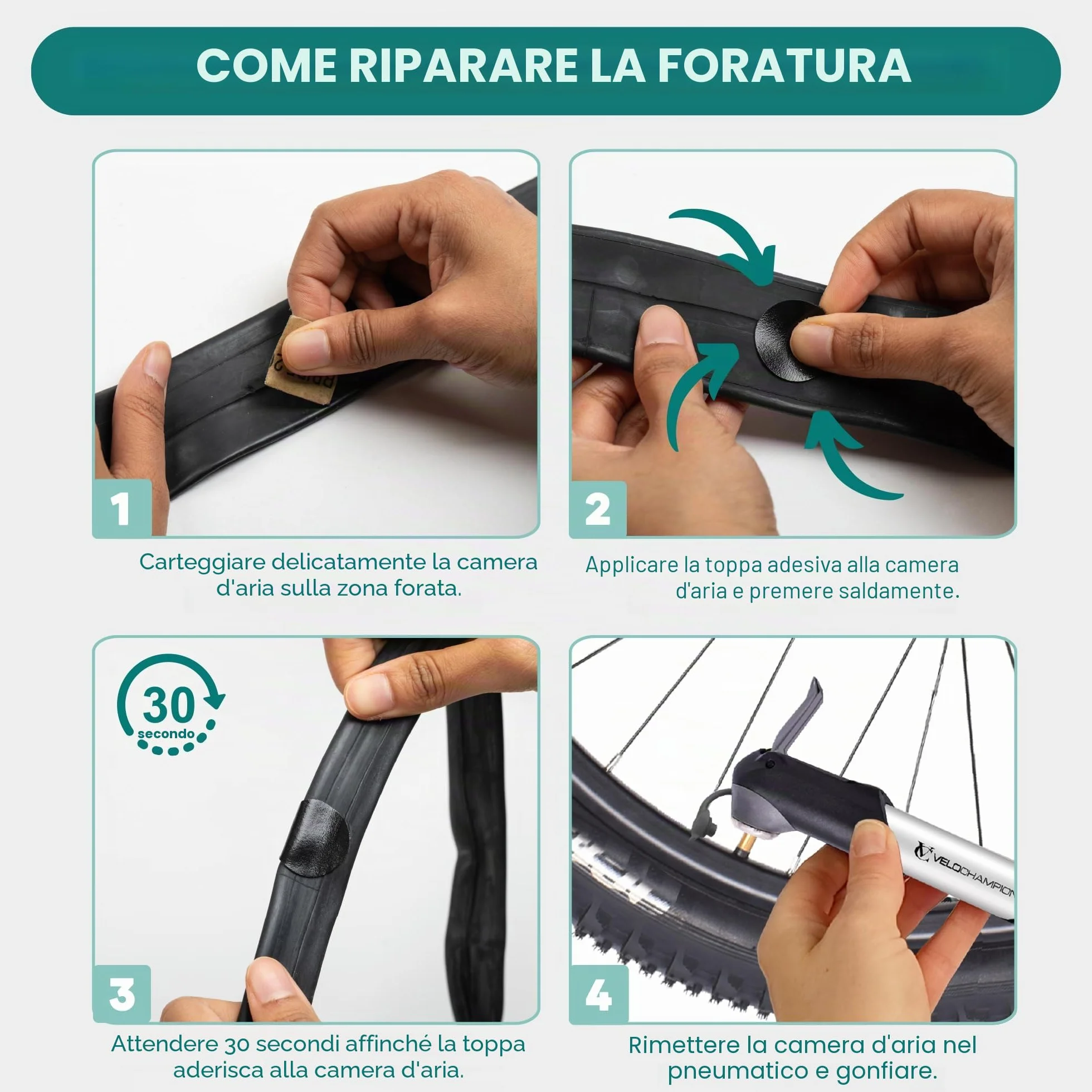 VeloChampion Kit Riparazione Forature per Bicicletta con Toppe Autoadesive e Leve Smontacopertoni a Scelta. Kit Antiforatura per Bici da Strada, MTB ed e-Bike.