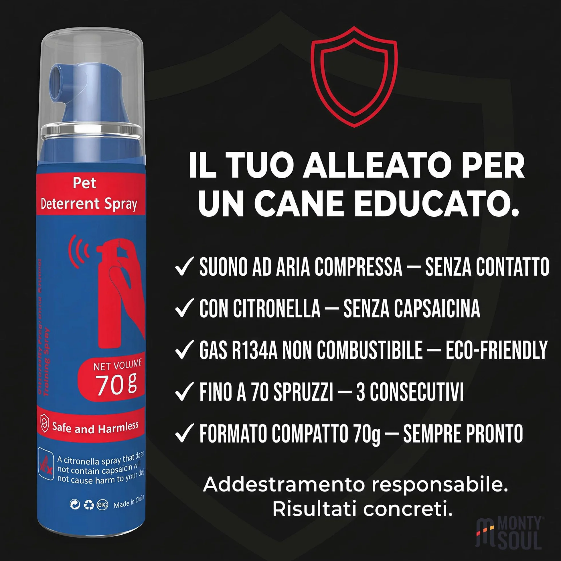 Spray Correttivo per Cani ad Aria Compressa con Citronella - Deterrente Sonoro Sicuro e Umano per Addestramento - Aiuta a Ridurre Abbaio, Salti e Comportamenti Indesiderati - Fino a 70 Spruzzi (70 g)